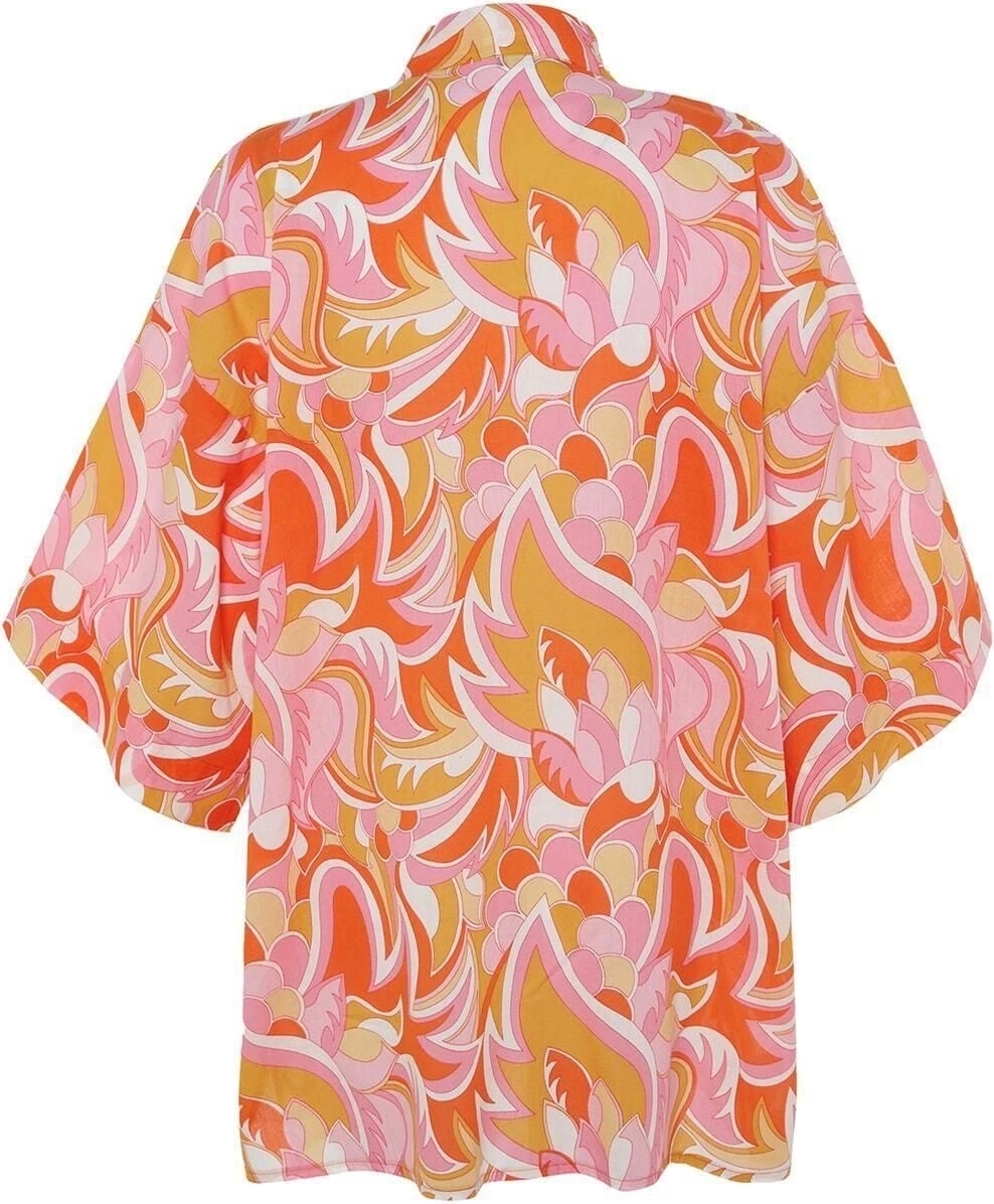 Moda Dokuma Regular Kalıp Crop V Yaka Standart Kol Vual Basic Soyut Desen Kimono Kaftan