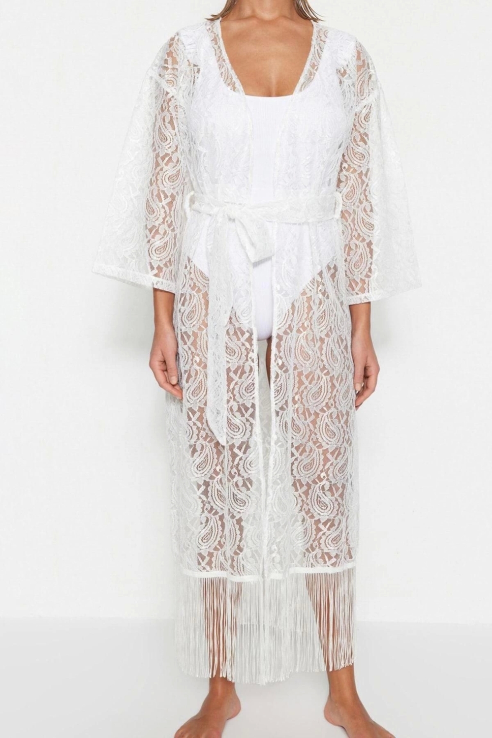 Moda Örme Regular Kalıp Midi V Yaka Standart Kol Dantel Basic Düz Desen Kimono Kaftan