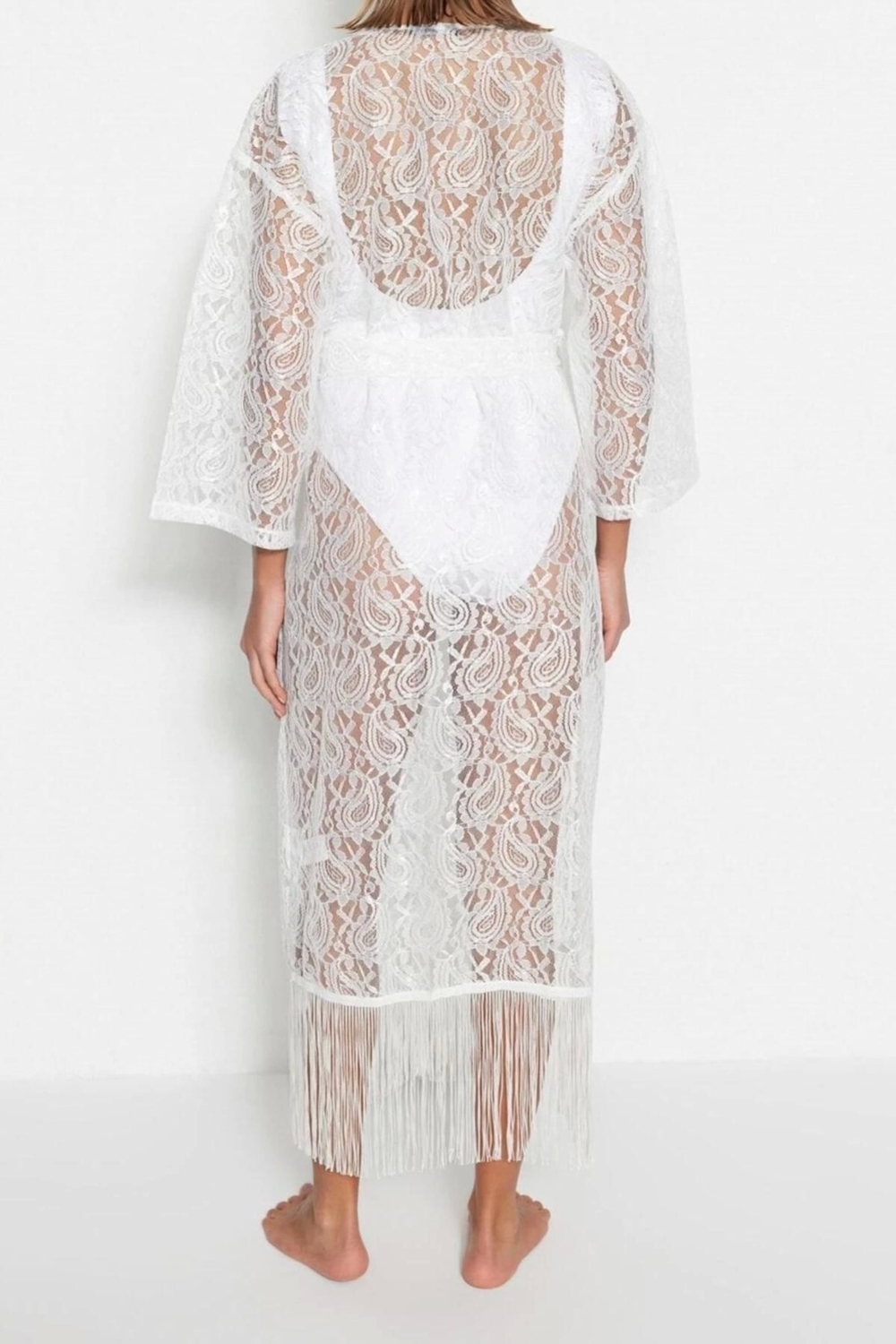 Moda Örme Regular Kalıp Midi V Yaka Standart Kol Dantel Basic Düz Desen Kimono Kaftan