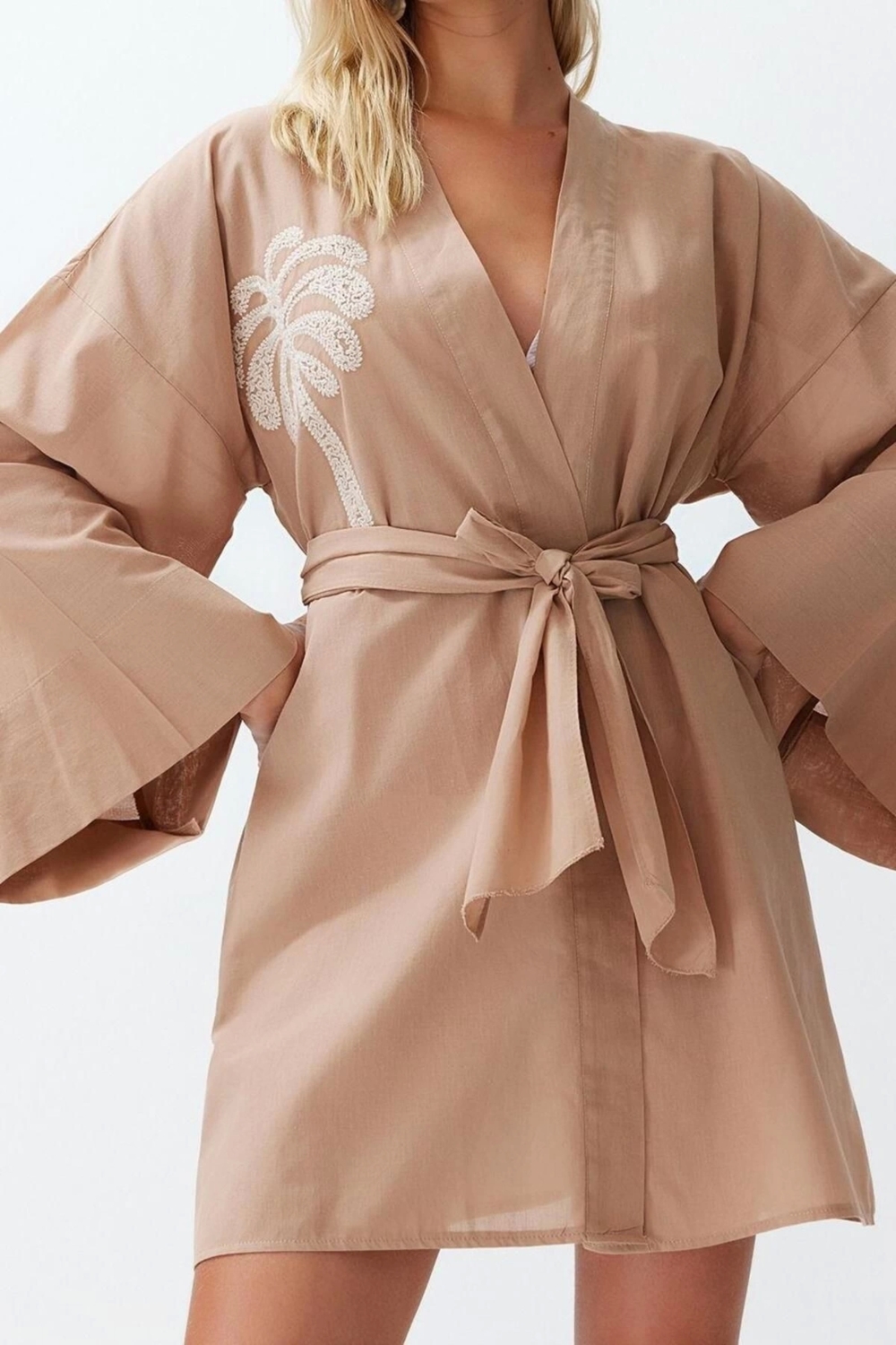 Moda Örme Regular Kalıp Midi Kruvaze İspanyol Kol Vual Basic Düz Desen Kimono Kaftan