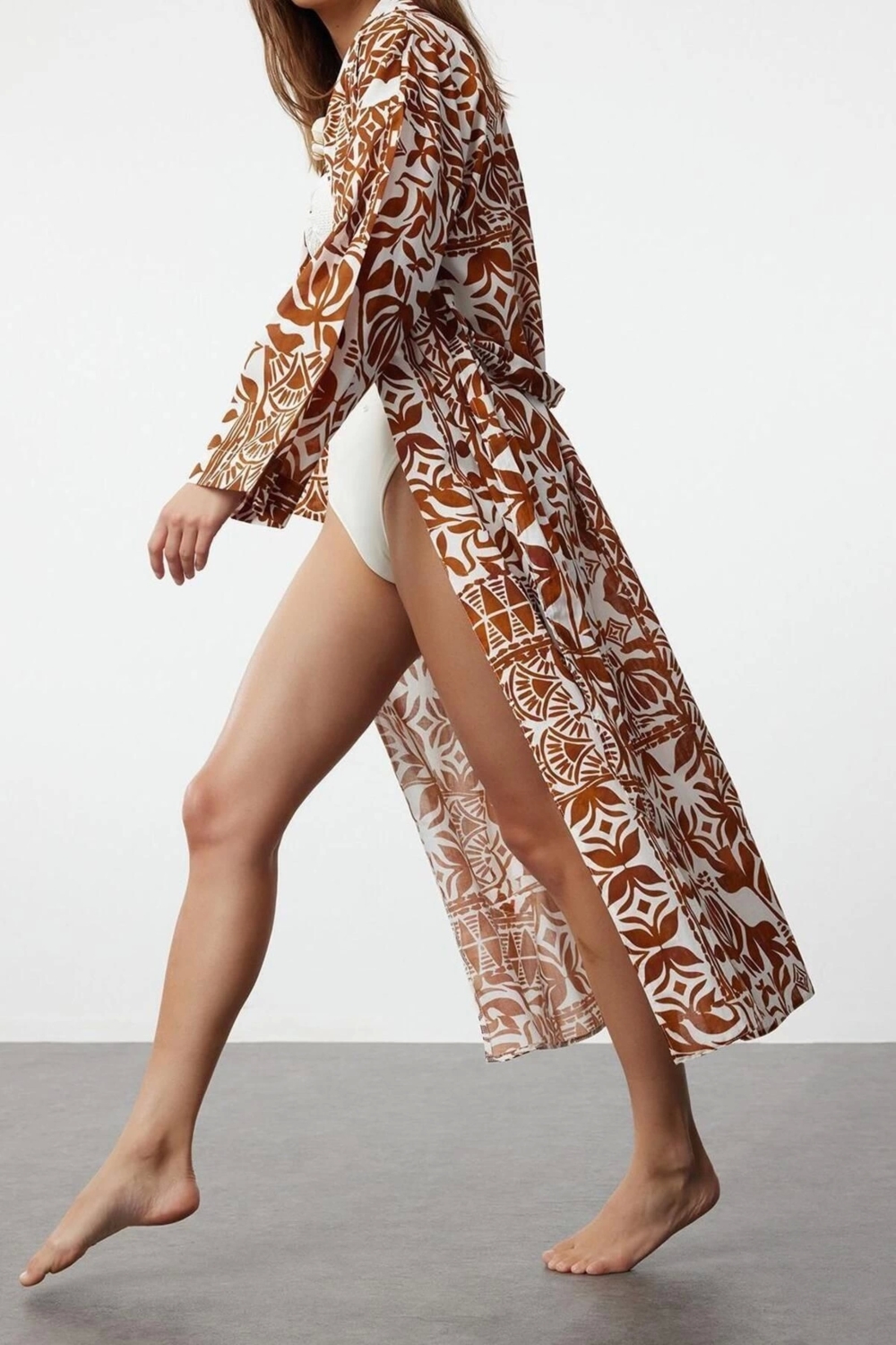Moda Örme Regular Kalıp Uzun Kruvaze Standart Kol Vual Basic Çizgili Desen Kimono Kaftan