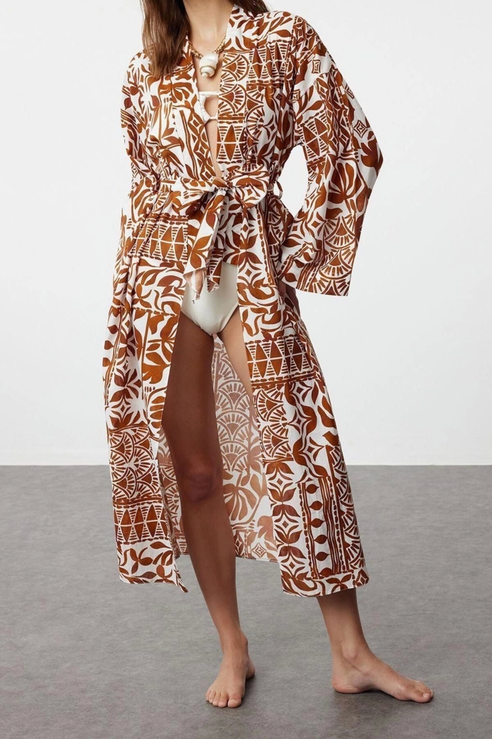 Moda Örme Regular Kalıp Uzun Kruvaze Standart Kol Vual Basic Çizgili Desen Kimono Kaftan
