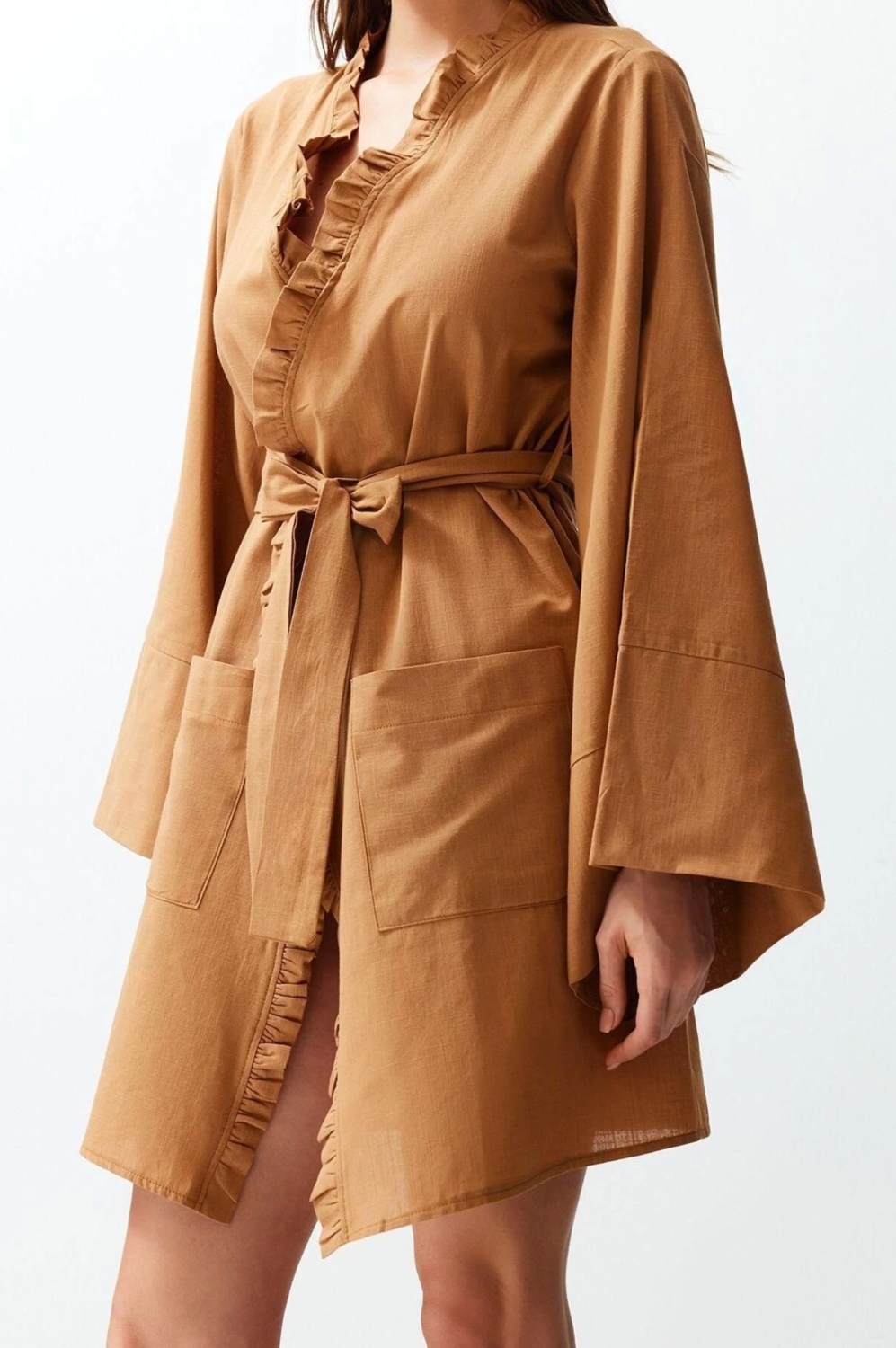 Moda Dokuma Rahat Kalıp Mini V Yaka Standart Kol Flamlı Pamuk Basic Düz Desen Kimono Kaftan