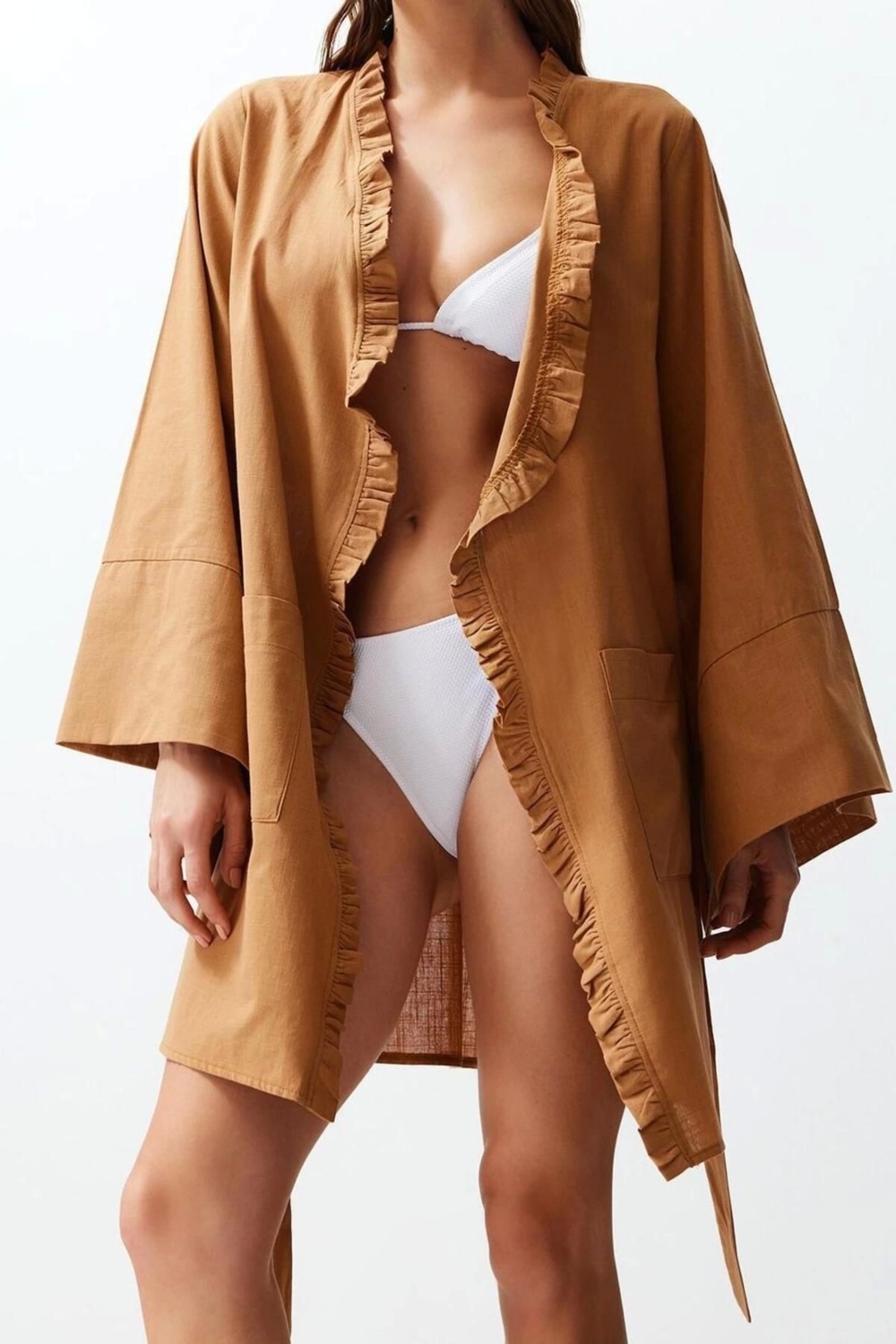 Moda Dokuma Rahat Kalıp Mini V Yaka Standart Kol Flamlı Pamuk Basic Düz Desen Kimono Kaftan