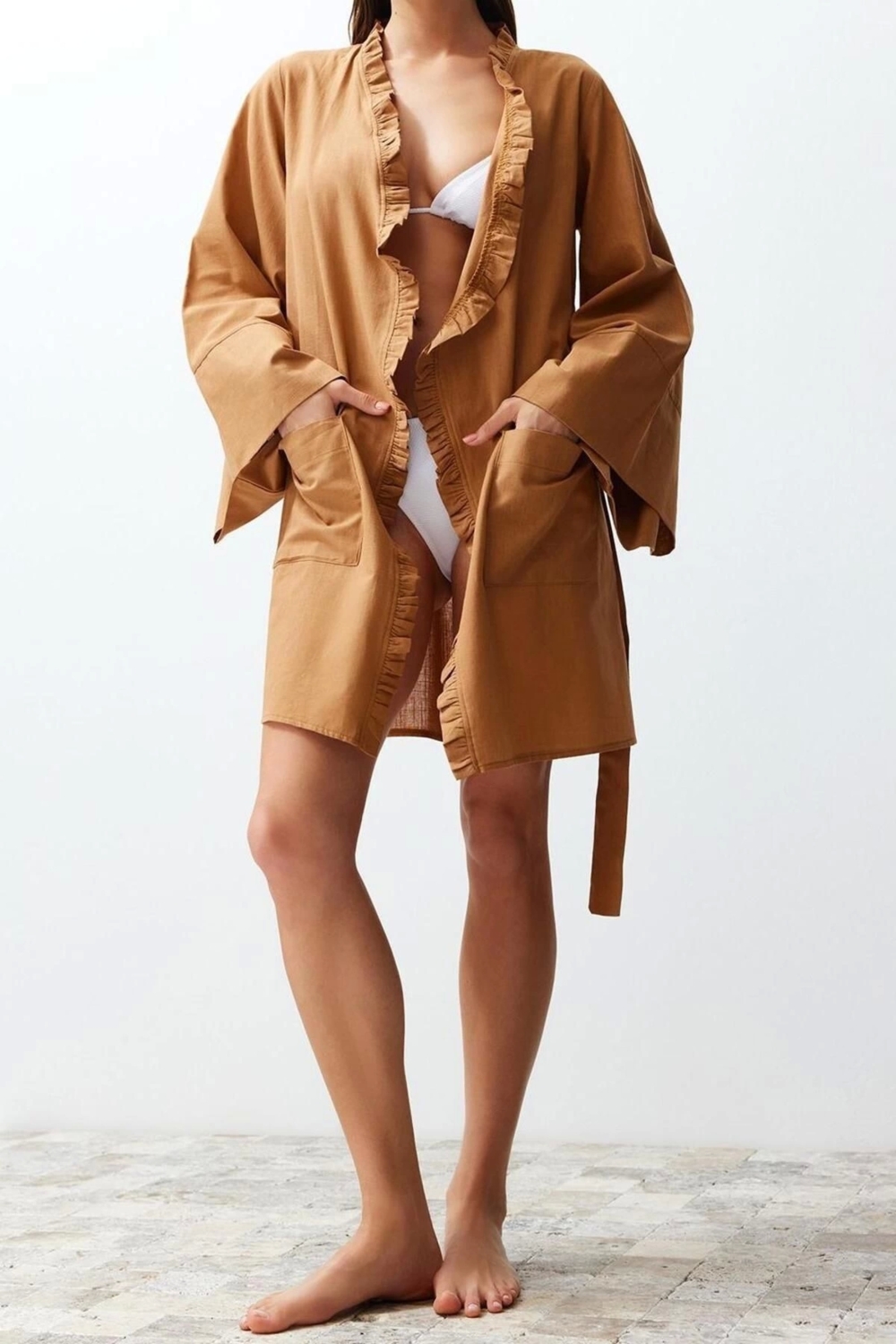 Moda Dokuma Rahat Kalıp Mini V Yaka Standart Kol Flamlı Pamuk Basic Düz Desen Kimono Kaftan