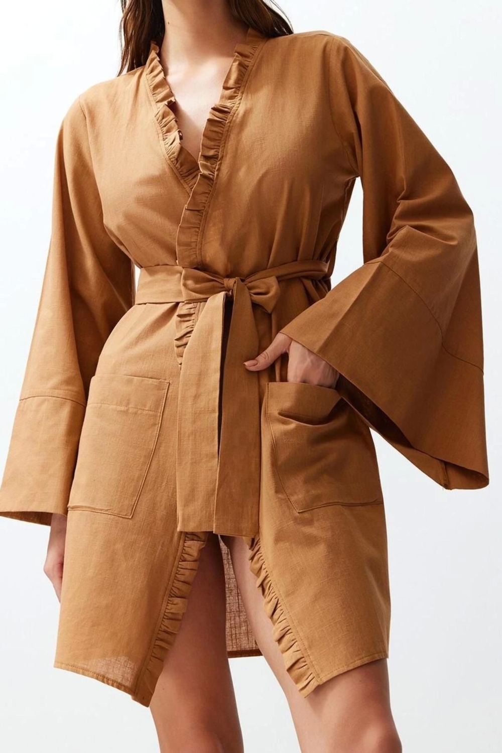 Moda Dokuma Rahat Kalıp Mini V Yaka Standart Kol Flamlı Pamuk Basic Düz Desen Kimono Kaftan