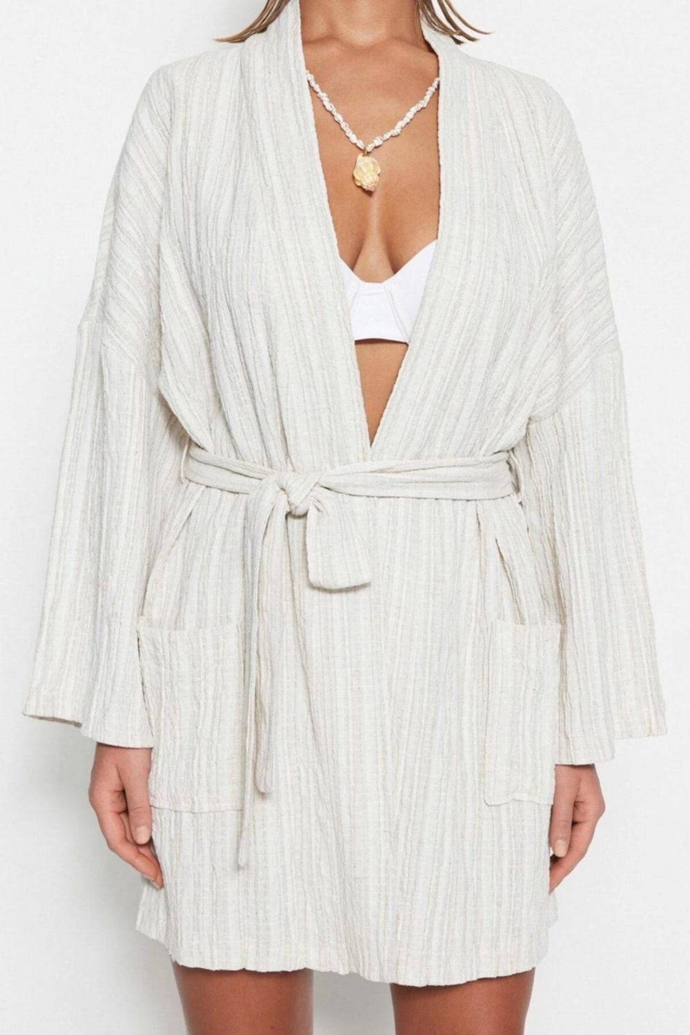Moda Dokuma Regular Kalıp Mini Şal Yaka Standart Kol Keten karışımlı Basic Düz Desen Kimono Kaftan