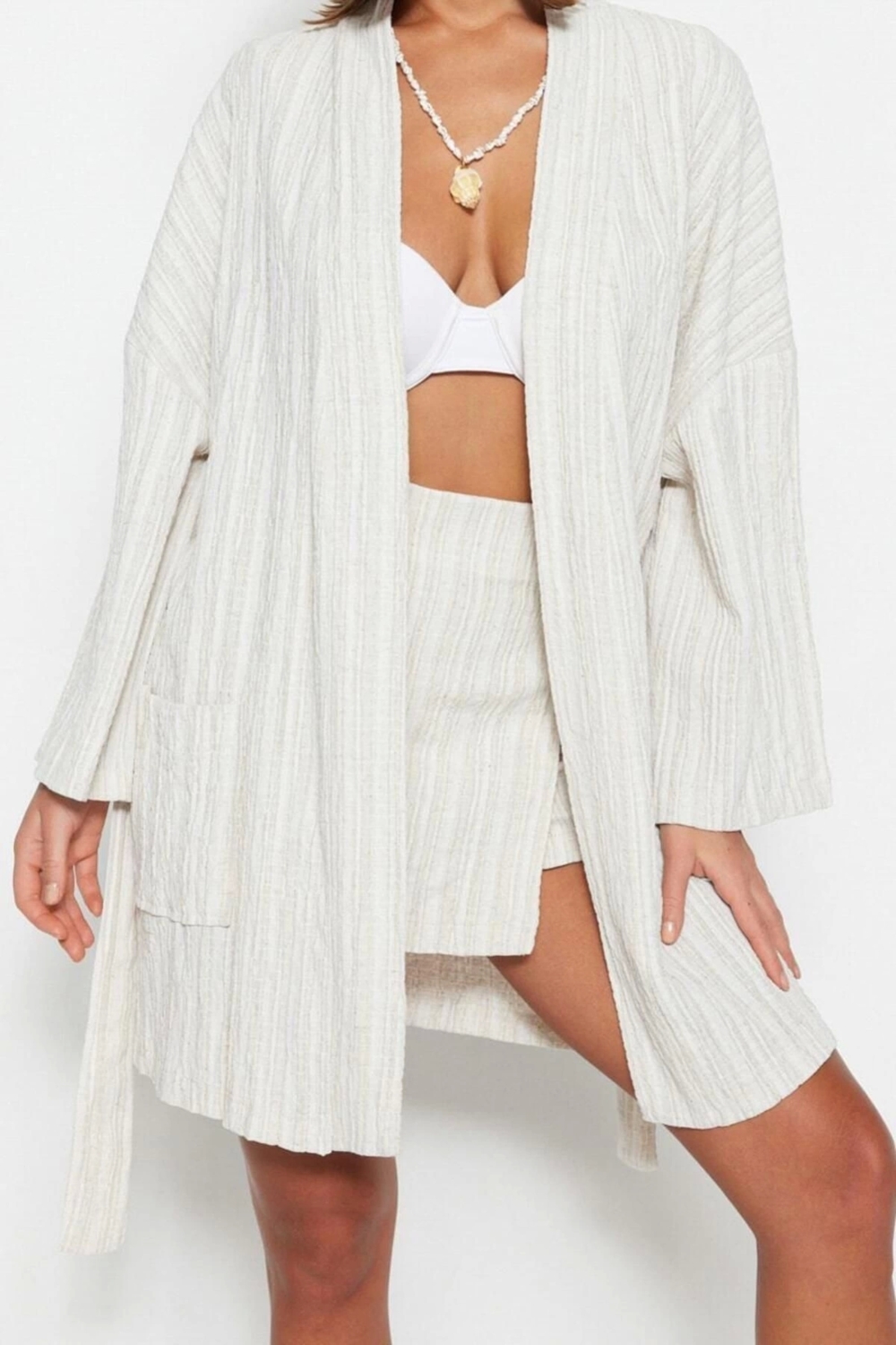 Moda Dokuma Regular Kalıp Mini Şal Yaka Standart Kol Keten karışımlı Basic Düz Desen Kimono Kaftan