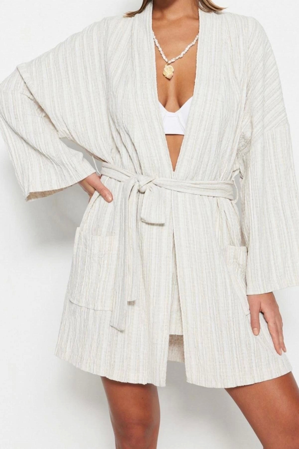 Moda Dokuma Regular Kalıp Mini Şal Yaka Standart Kol Keten karışımlı Basic Düz Desen Kimono Kaftan