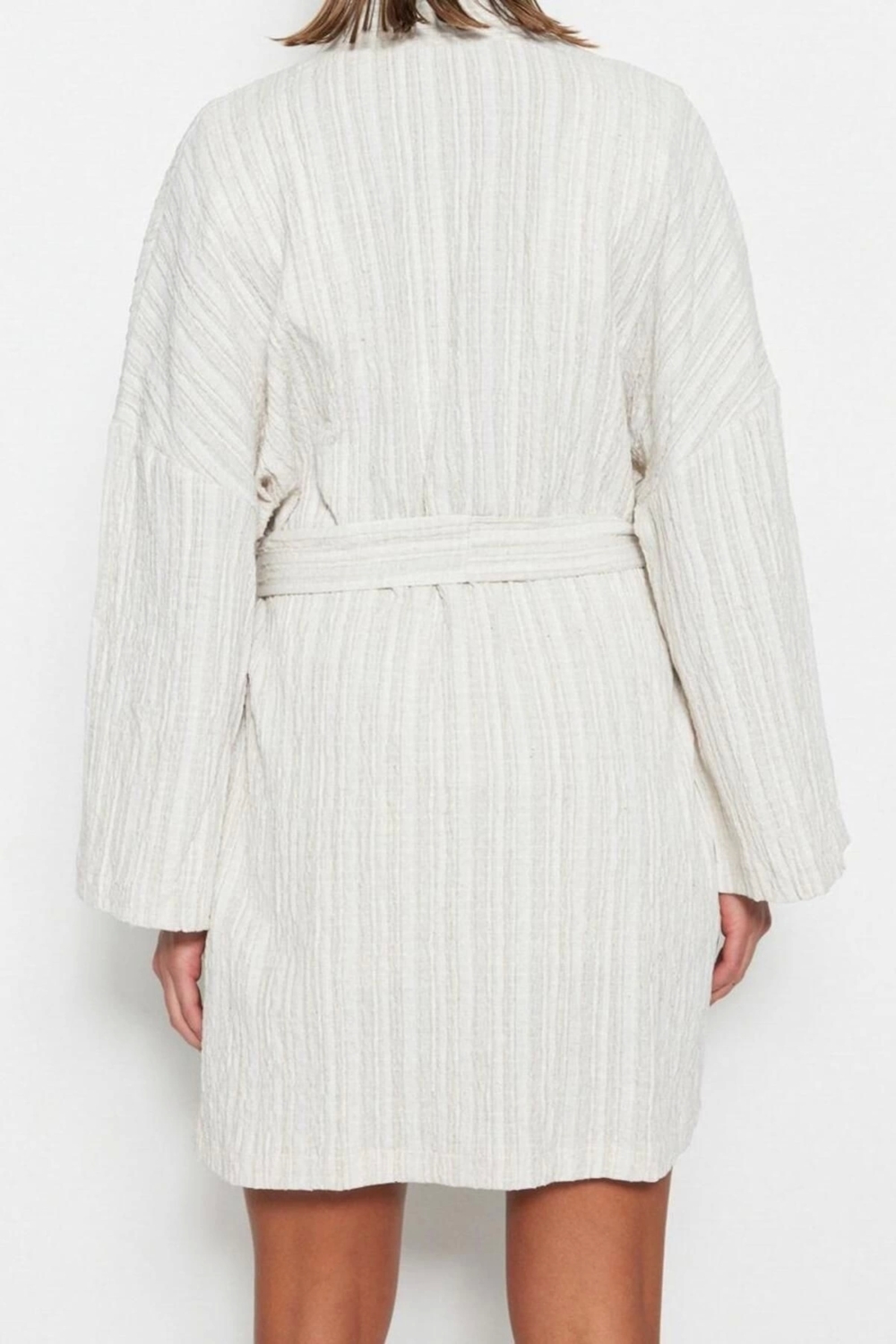Moda Dokuma Regular Kalıp Mini Şal Yaka Standart Kol Keten karışımlı Basic Düz Desen Kimono Kaftan