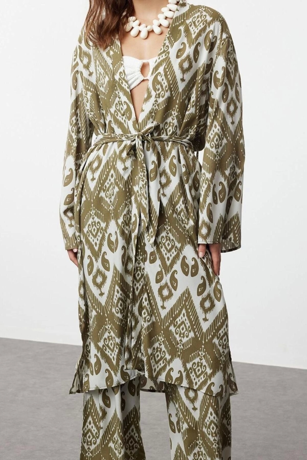 Moda Dokuma Rahat Kalıp Regular Kruvaze Standart Kol Mesh Basic Düz Desen Kimono Kaftan