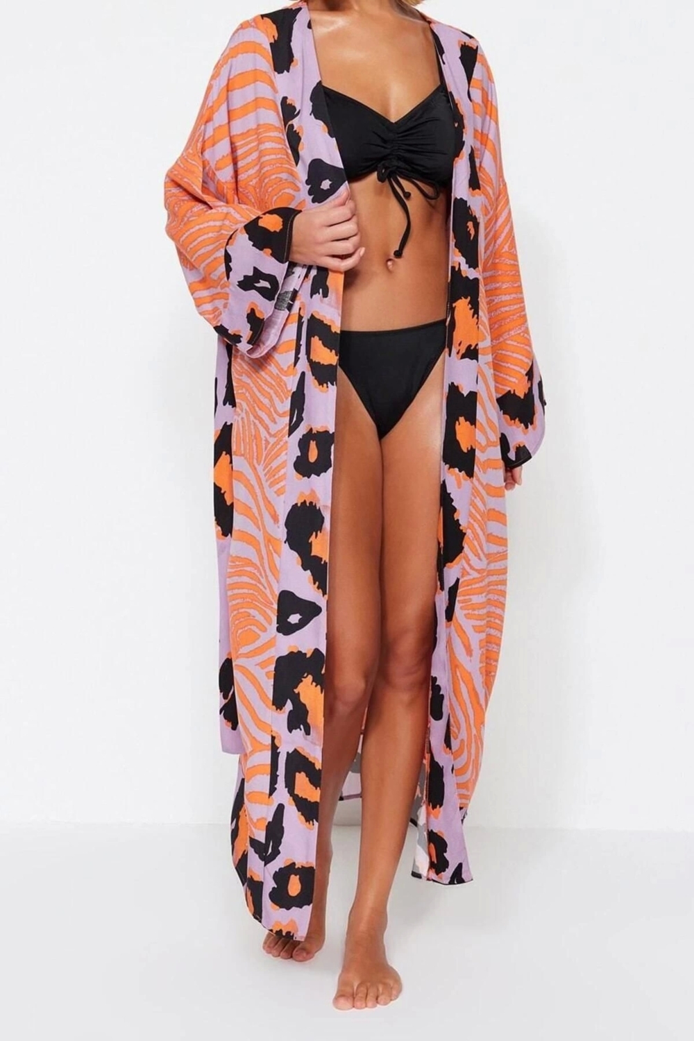 Moda Dokuma Rahat Kalıp Uzun V Yaka Standart Kol Shally Basic Animal Desen Kimono Kaftan