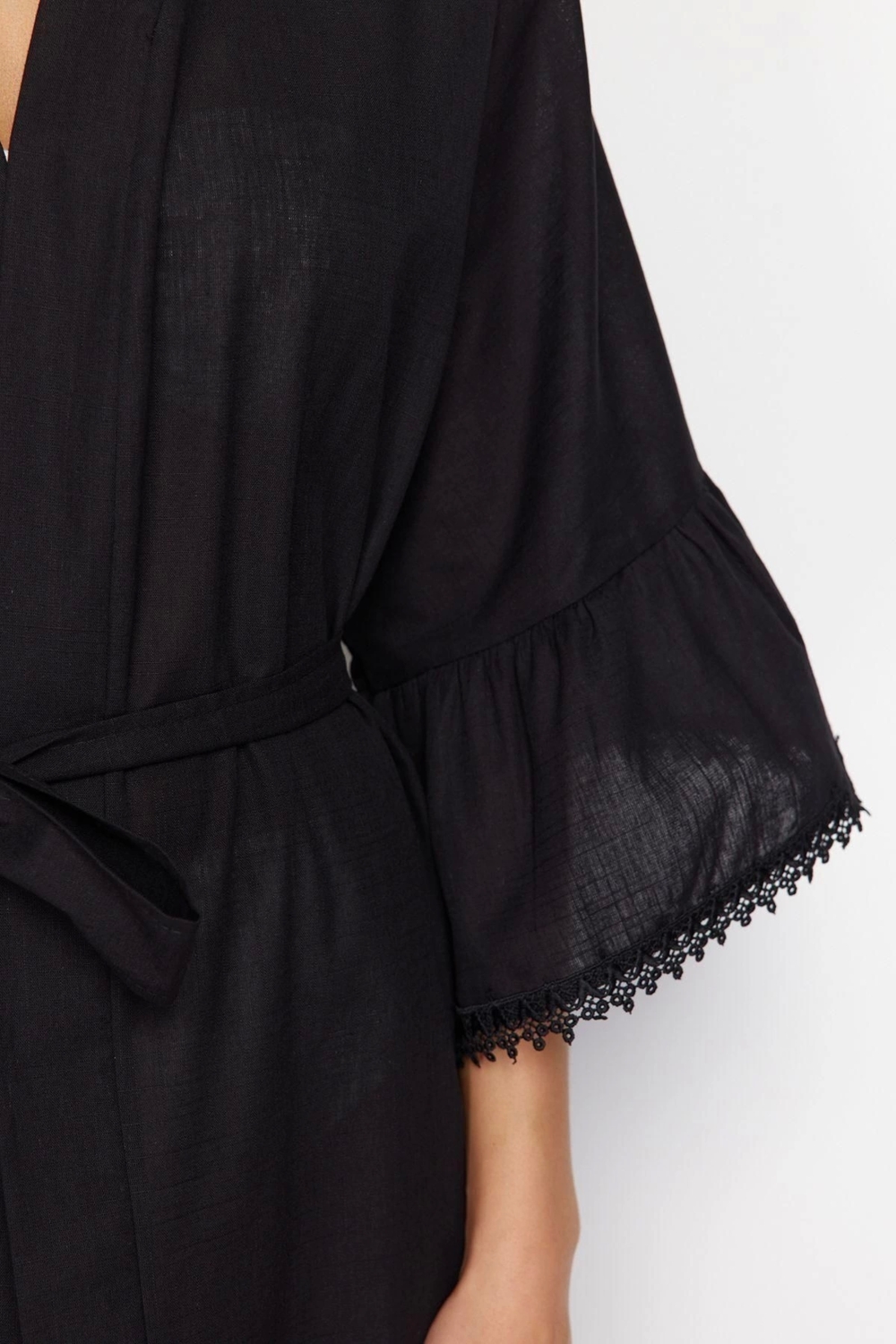 Moda Dokuma Oversize Kalıp Crop V Yaka Normal Kol Flamlı Pamuk Eteği Fırfırlı Düz Kimono Kaftan