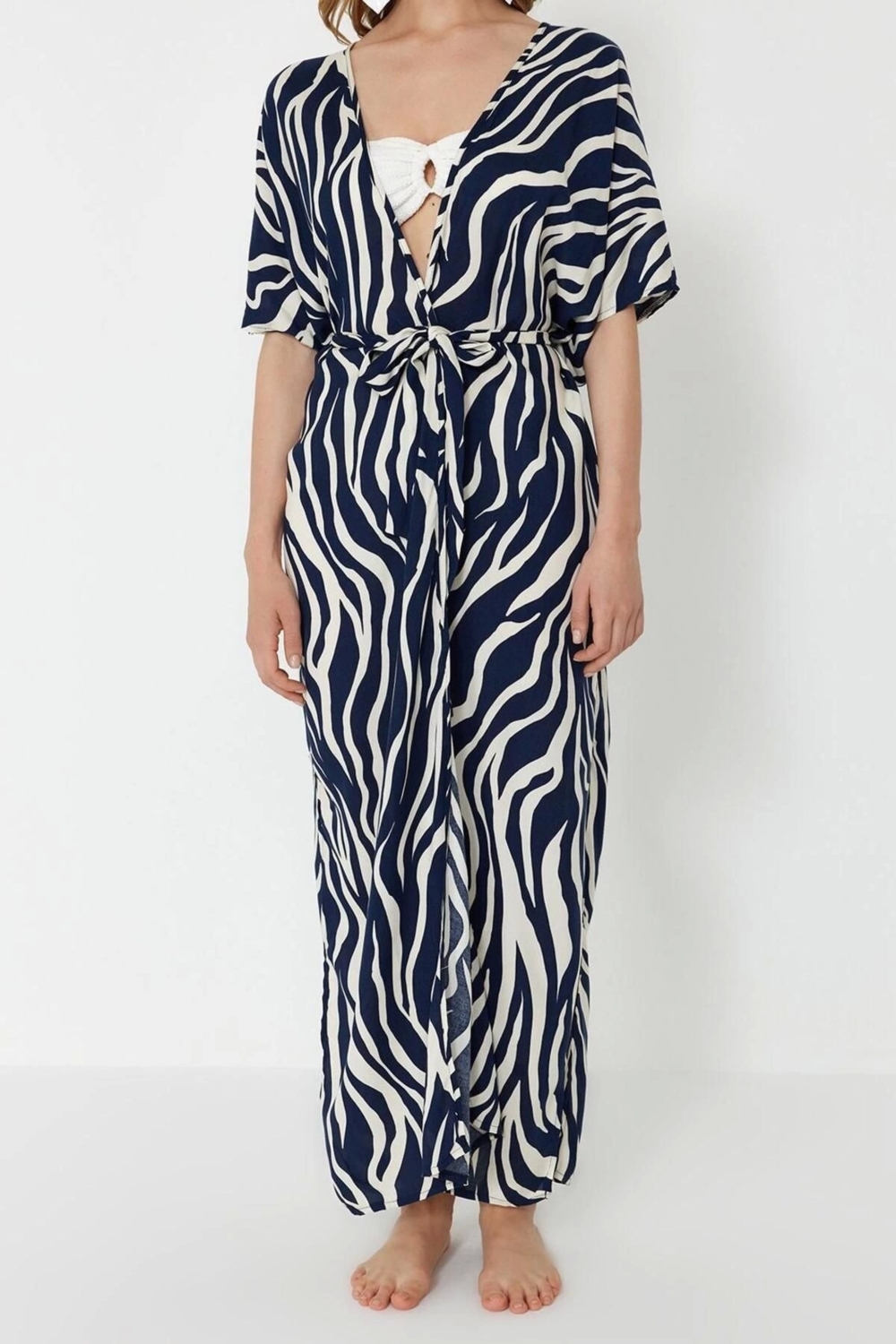 Moda Dokuma Rahat Kalıp Regular V Yaka Standart Kol Mesh Basic Animal Desen Kimono Kaftan
