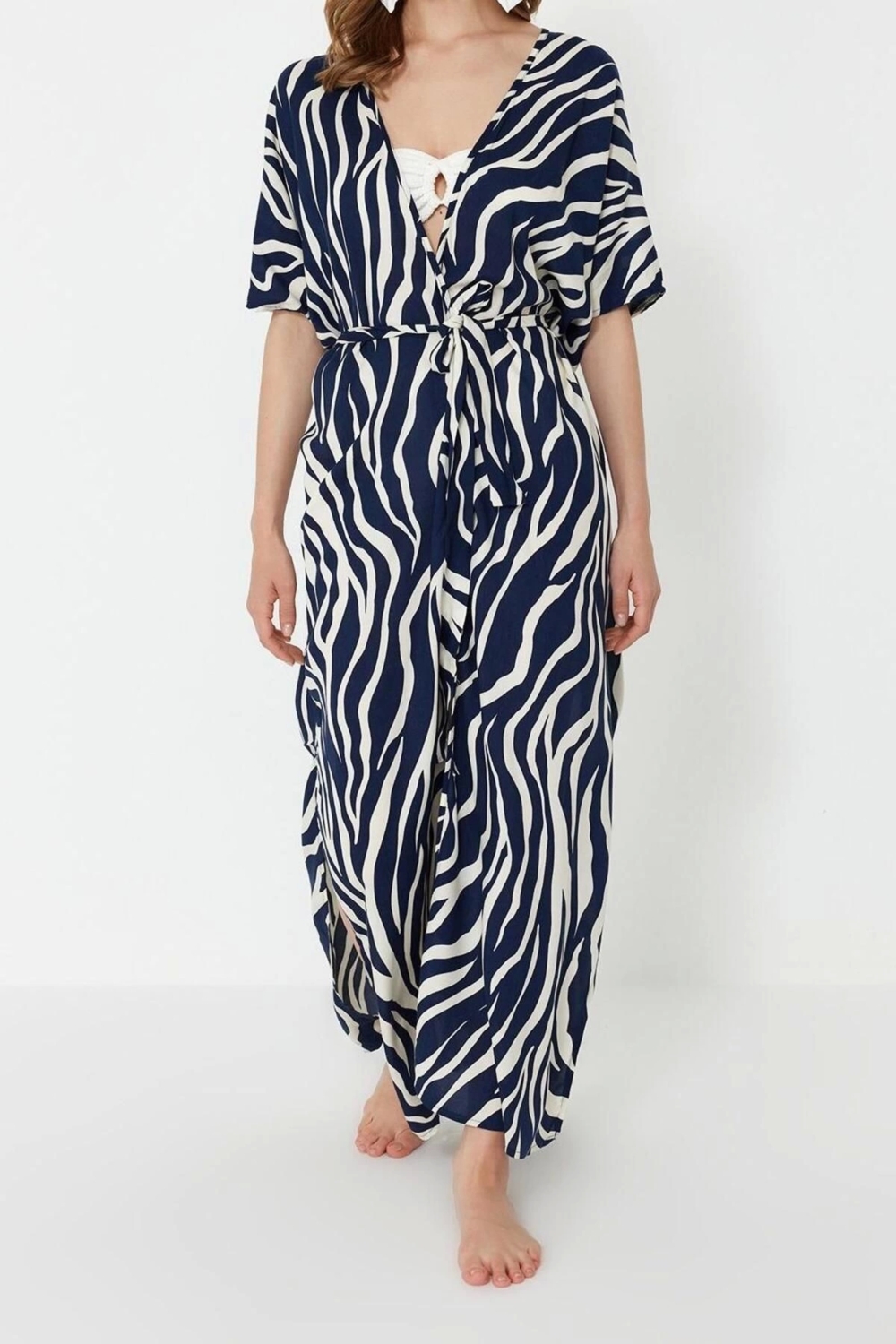 Moda Dokuma Rahat Kalıp Regular V Yaka Standart Kol Mesh Basic Animal Desen Kimono Kaftan