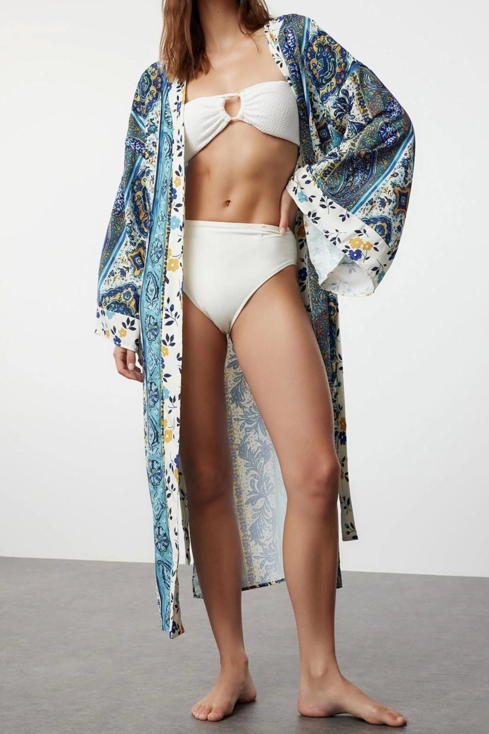 Moda Dokuma Regular Kalıp Uzun Kruvaze Standart Kol Shally Kruvaze Soyut Desen Kimono Kaftan