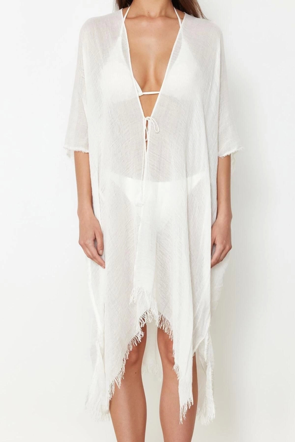 Moda Dokuma Rahat Kalıp Standart V Yaka Standart Kol Aerobin Basic Düz Desen Kimono Kaftan