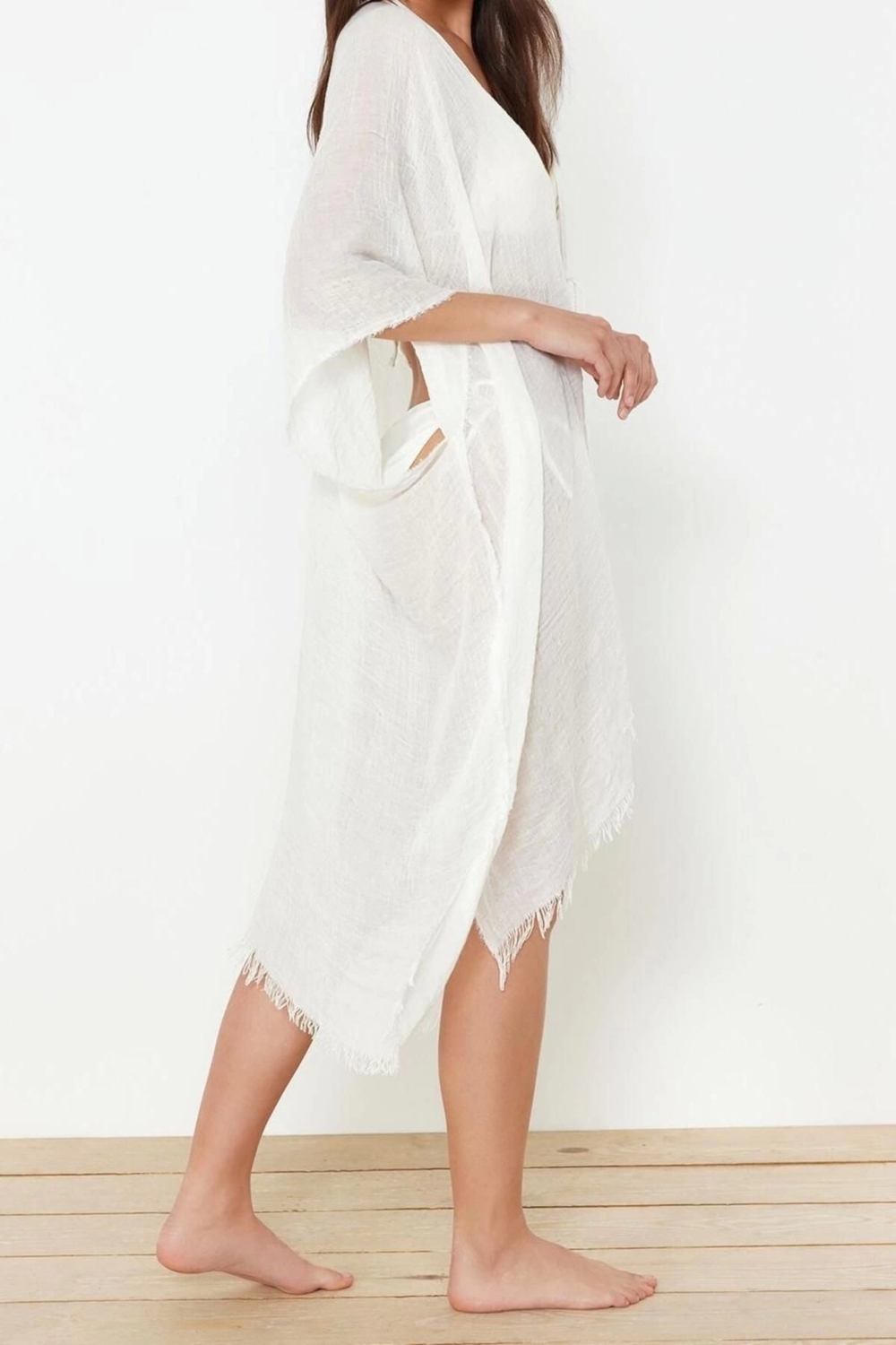 Moda Dokuma Rahat Kalıp Standart V Yaka Standart Kol Aerobin Basic Düz Desen Kimono Kaftan