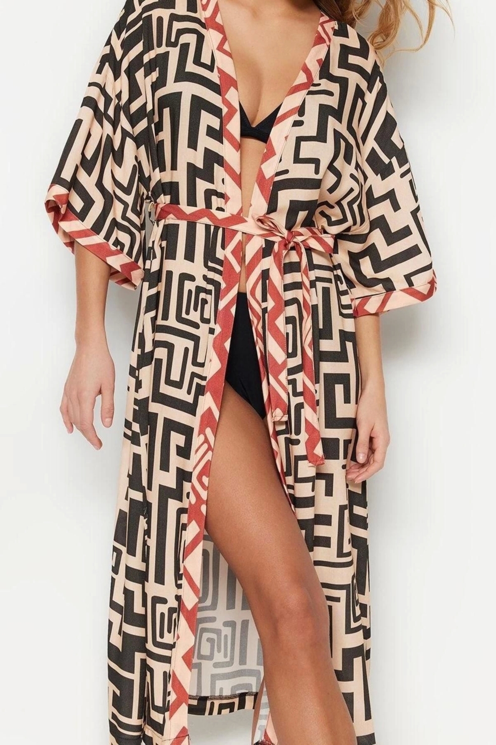 Moda Dokuma Oversize Kalıp Uzun V Yaka Standart Kol Shally Basic Geometrik Desen Kimono Kaftan
