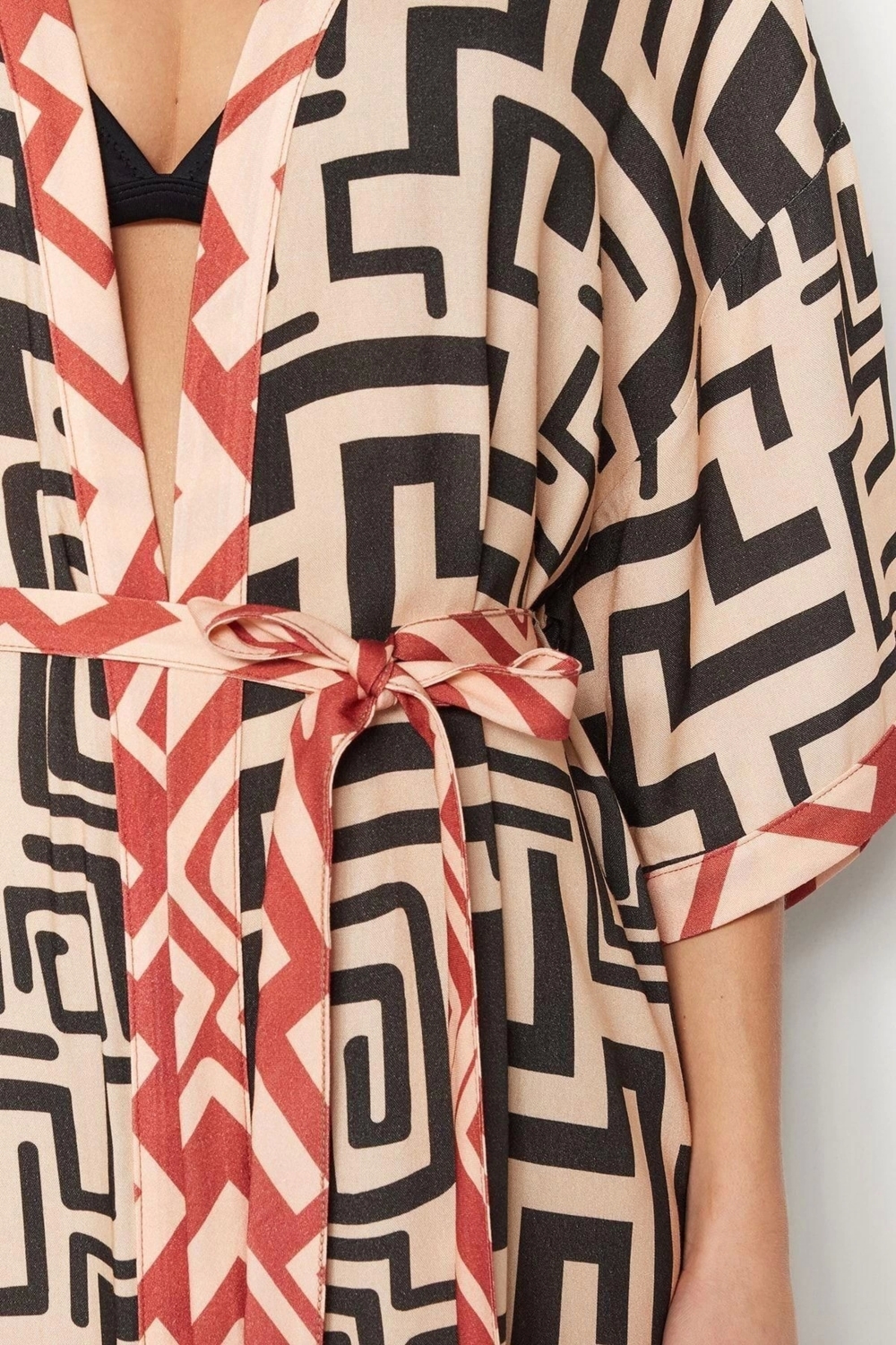 Moda Dokuma Oversize Kalıp Uzun V Yaka Standart Kol Shally Basic Geometrik Desen Kimono Kaftan