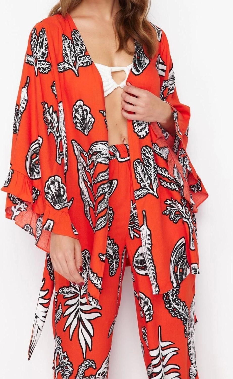 Moda Dokuma Rahat Kalıp Mini Kruvaze İspanyol Kol Shally Kruvaze Desenli Desen Kimono Kaftan