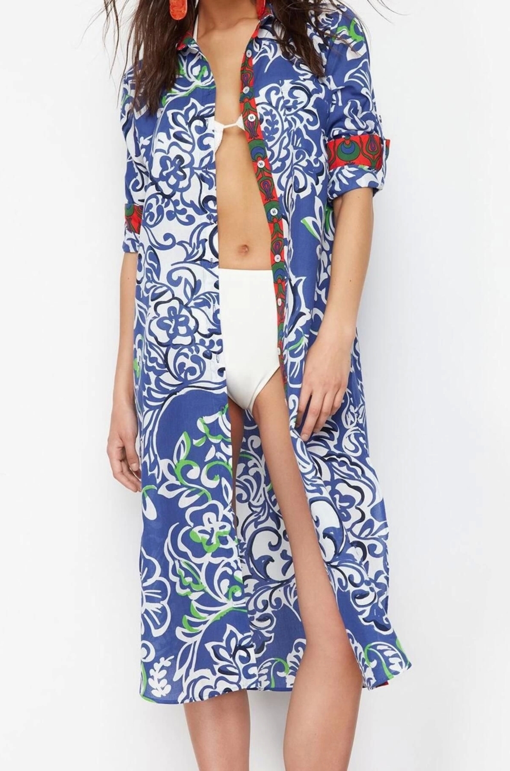 Moda Dokuma Rahat Kalıp Regular Gömlek Yaka Standart Kol Vual Basic Etnik Desen Kimono Kaftan