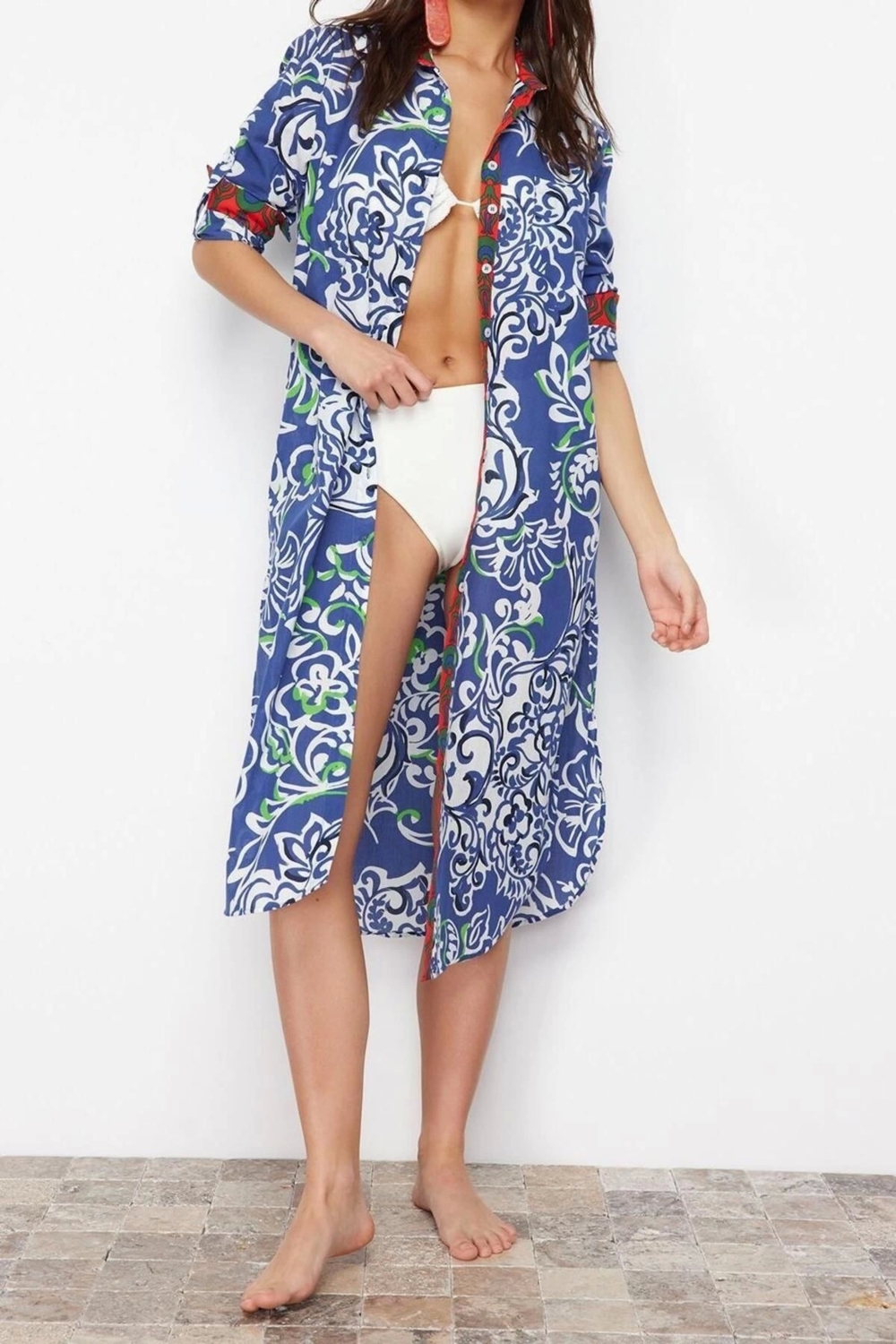 Moda Dokuma Rahat Kalıp Regular Gömlek Yaka Standart Kol Vual Basic Etnik Desen Kimono Kaftan