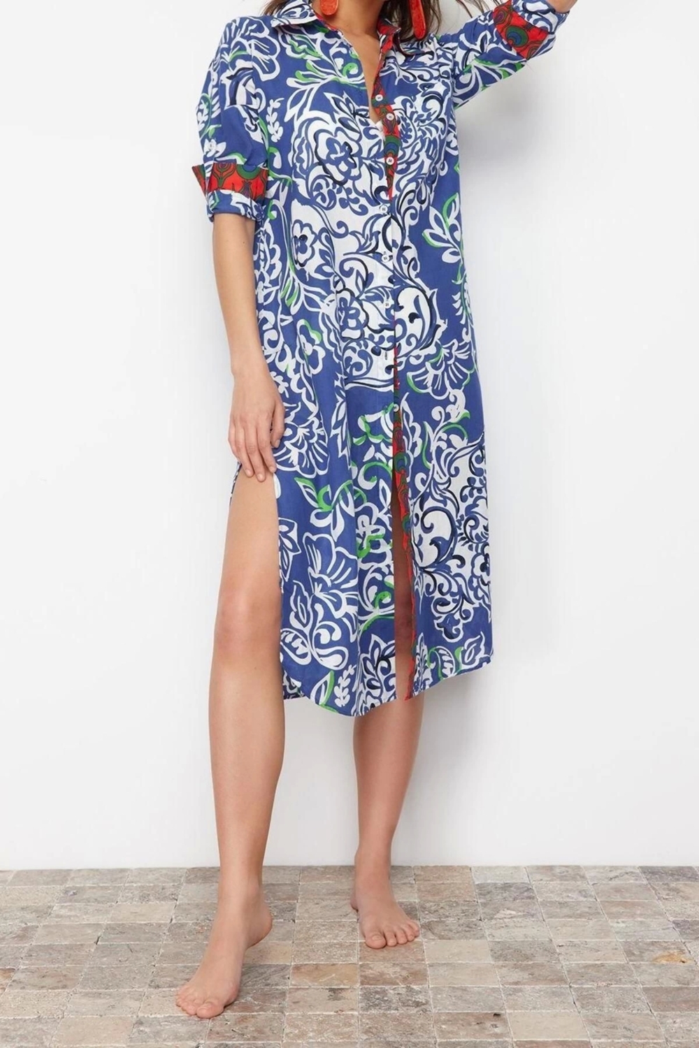 Moda Dokuma Rahat Kalıp Regular Gömlek Yaka Standart Kol Vual Basic Etnik Desen Kimono Kaftan