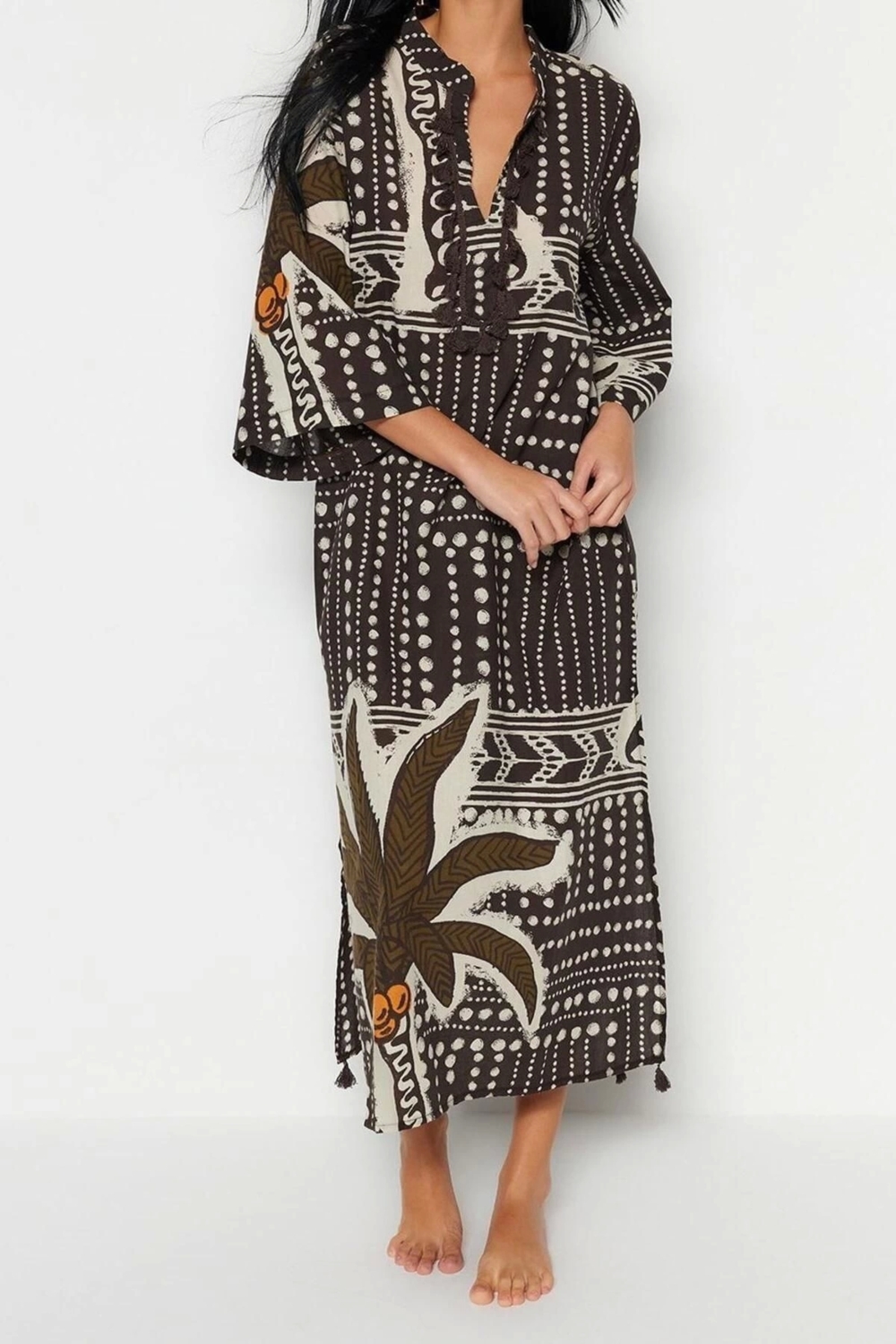 Moda Dokuma Rahat Kalıp Uzun Gömlek Yaka Standart Kol Vual Basic Çizgili Desen Kimono Kaftan