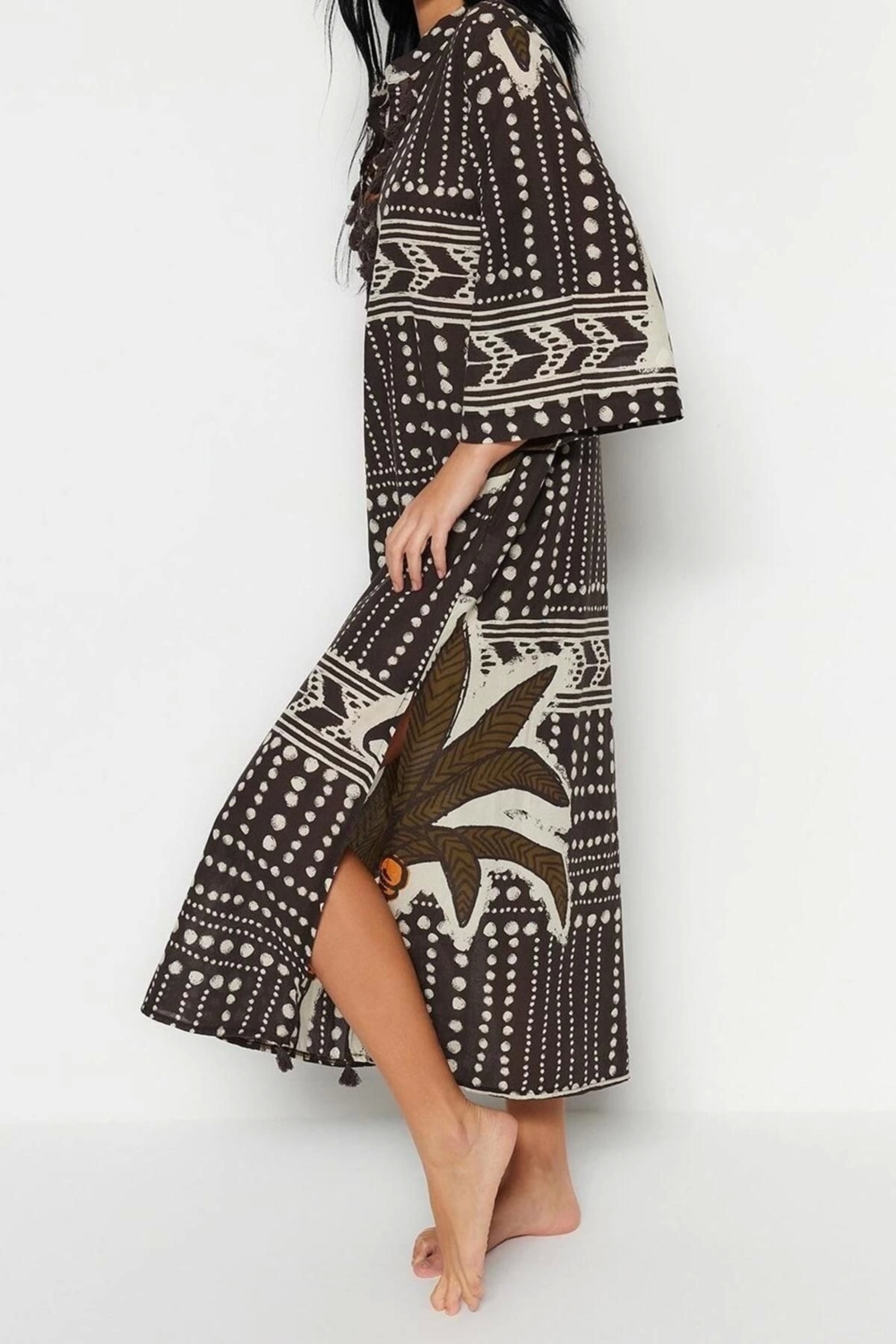 Moda Dokuma Rahat Kalıp Uzun Gömlek Yaka Standart Kol Vual Basic Çizgili Desen Kimono Kaftan