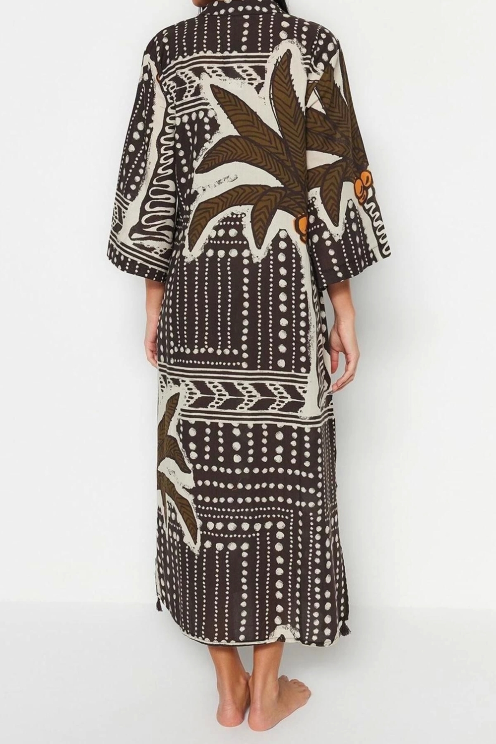 Moda Dokuma Rahat Kalıp Uzun Gömlek Yaka Standart Kol Vual Basic Çizgili Desen Kimono Kaftan