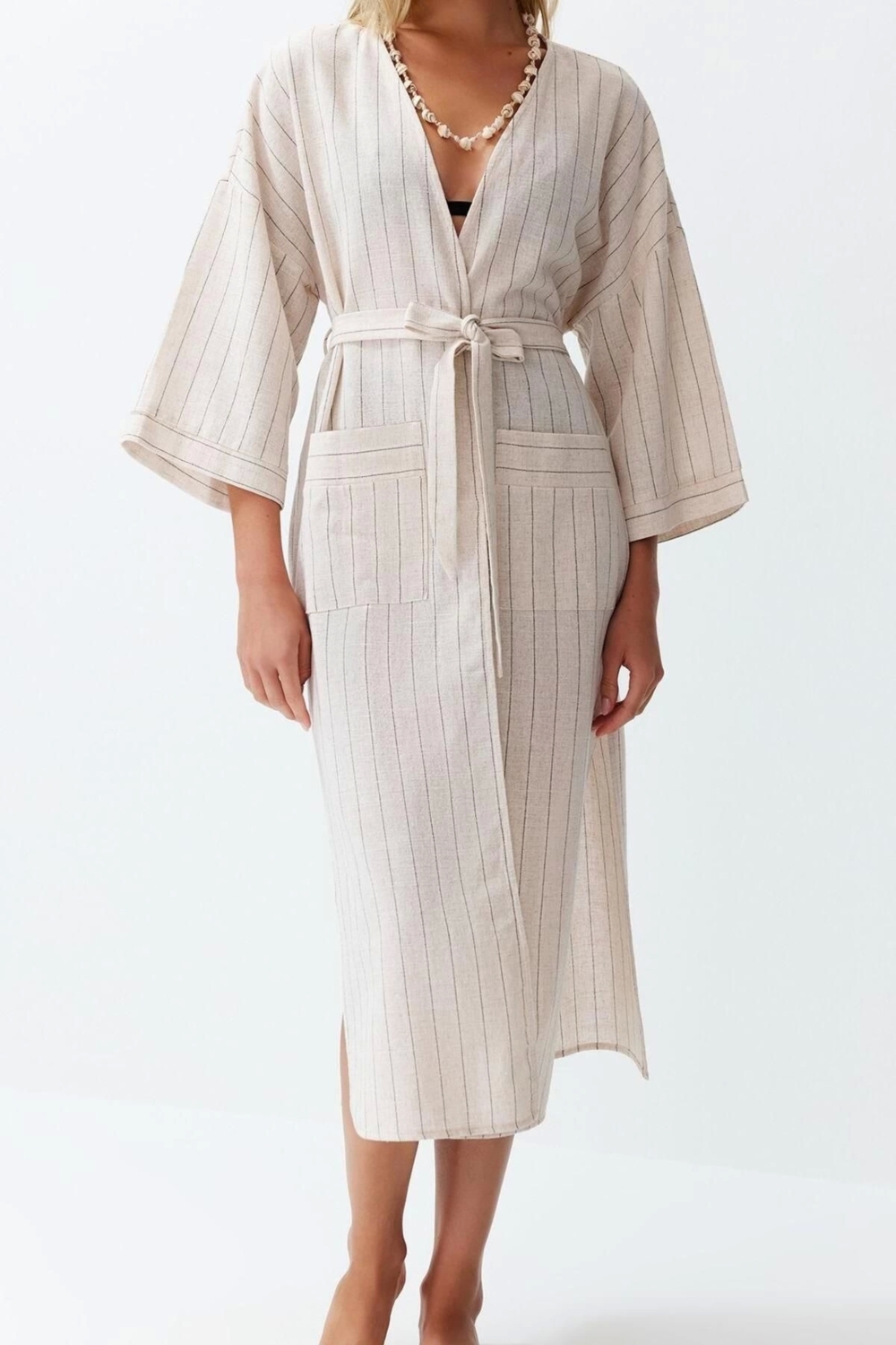 Moda Dokuma Regular Kalıp Uzun Kruvaze Uzun Kol Keten karışımlı Kruvaze Çizgili Desen Kimono Kaftan