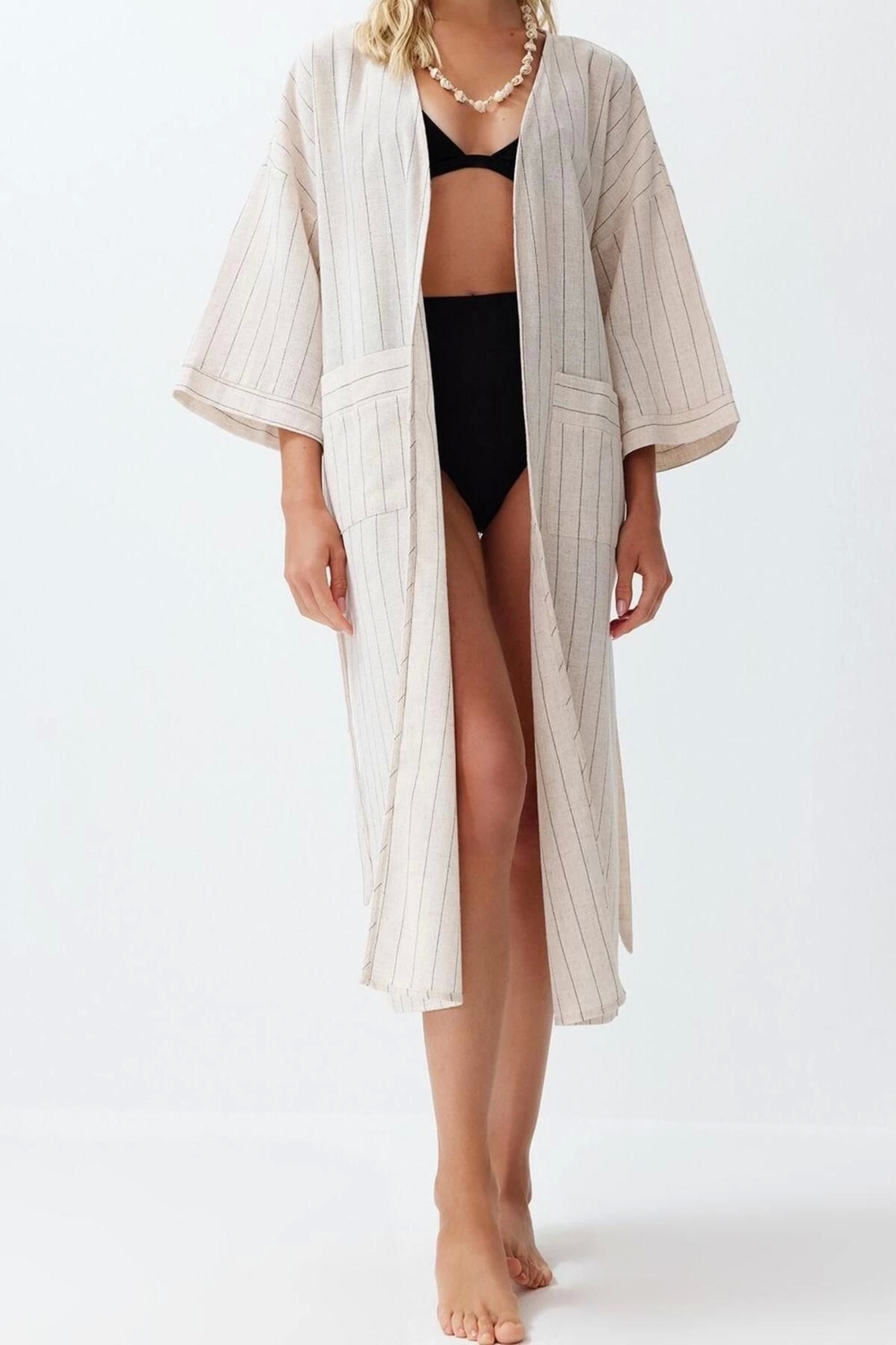 Moda Dokuma Regular Kalıp Uzun Kruvaze Uzun Kol Keten karışımlı Kruvaze Çizgili Desen Kimono Kaftan