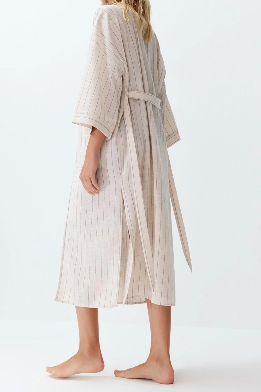 Moda Dokuma Regular Kalıp Uzun Kruvaze Uzun Kol Keten karışımlı Kruvaze Çizgili Desen Kimono Kaftan
