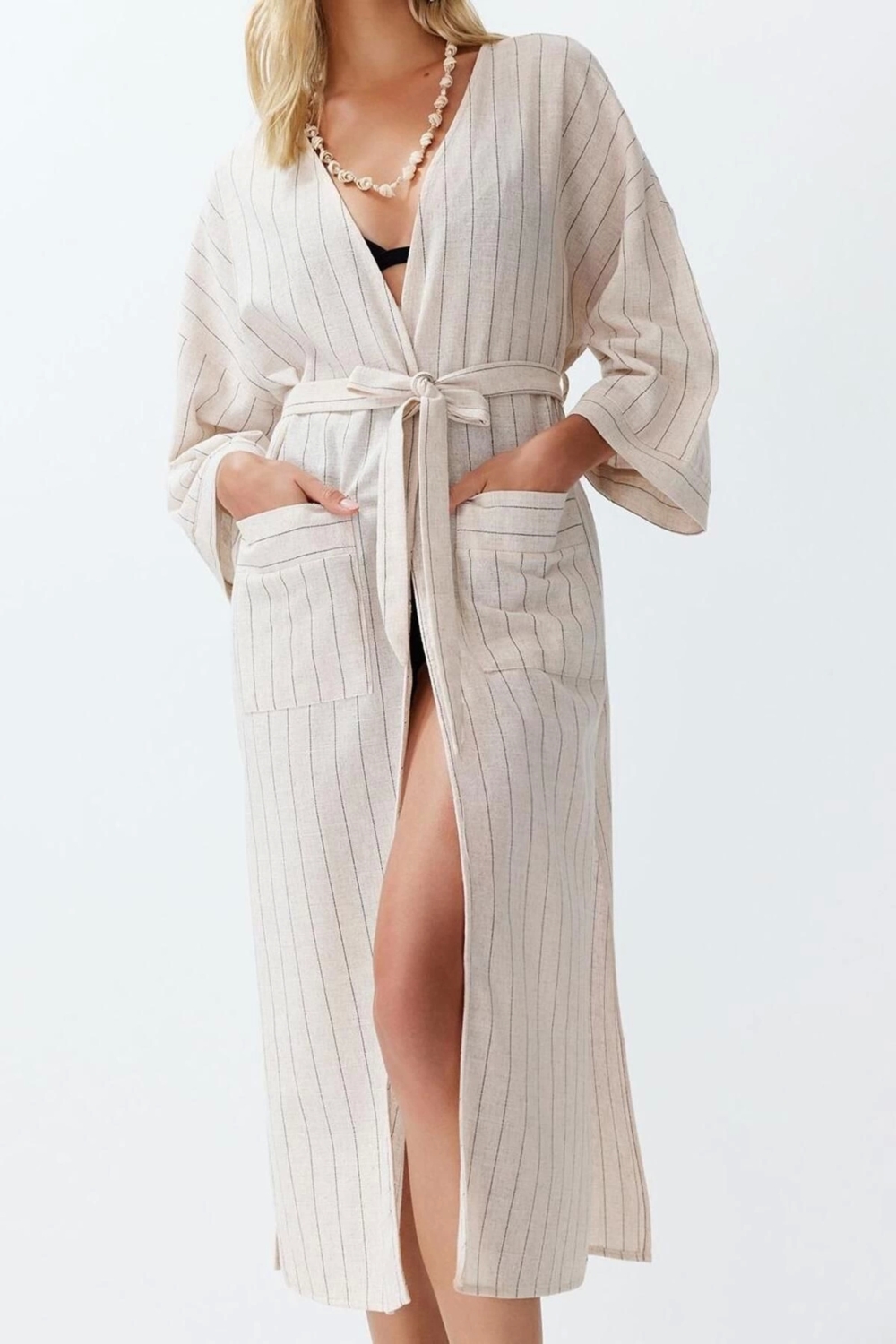 Moda Dokuma Regular Kalıp Uzun Kruvaze Uzun Kol Keten karışımlı Kruvaze Çizgili Desen Kimono Kaftan
