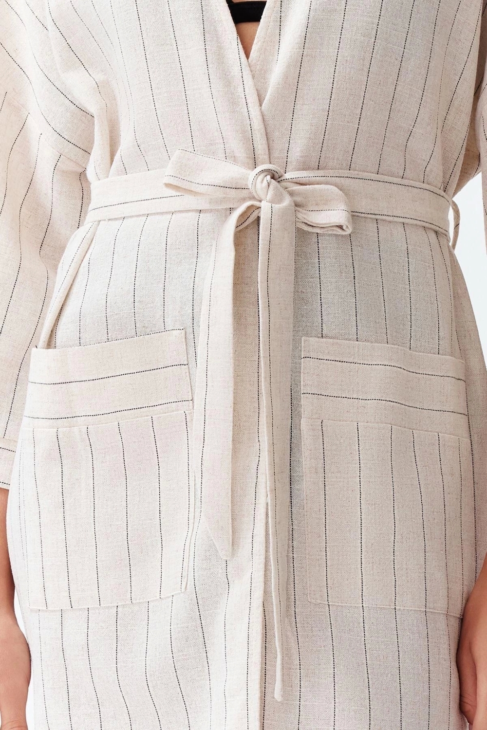 Moda Dokuma Regular Kalıp Uzun Kruvaze Uzun Kol Keten karışımlı Kruvaze Çizgili Desen Kimono Kaftan