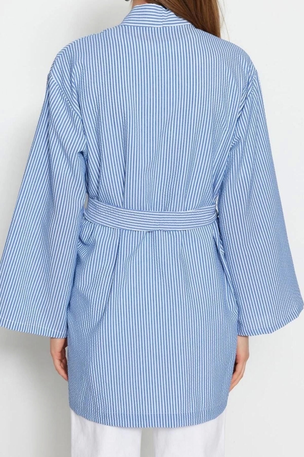 Moda Dokuma Rahat Kalıp Midi V Yaka Düşük Kol Gofre Kruvaze Çizgili Tesettür Giyim Kimono Kaftan