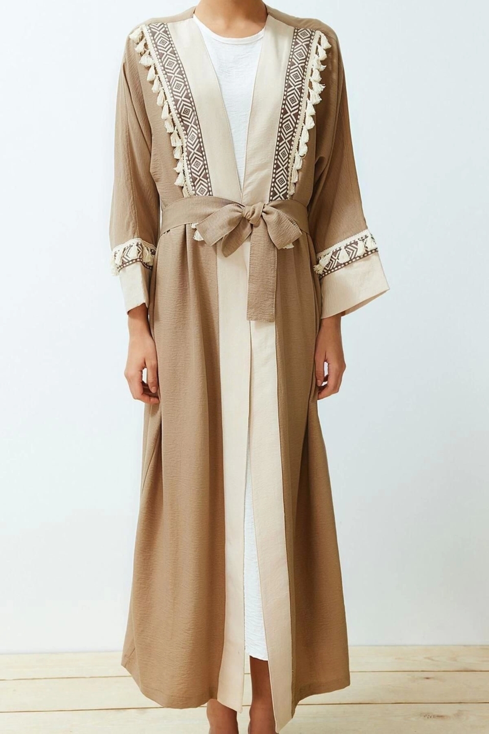 Moda Dokuma Rahat Kalıp Uzun V Yaka Düşük Kol Crinkle Basic Etnik Desen Tesettür Giyim Kimono Kaftan