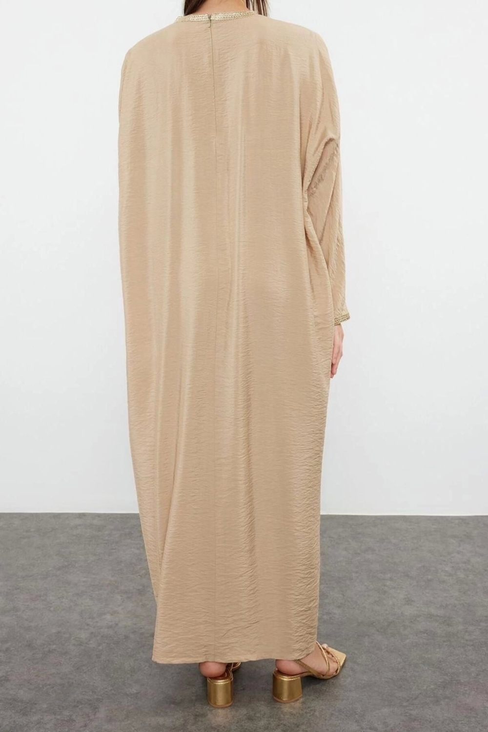 Moda Dokuma Rahat Kalıp Maxi V Yaka Düşük Kol Keten görünümlü Basic Tesettür Giyim Kimono Kaftan