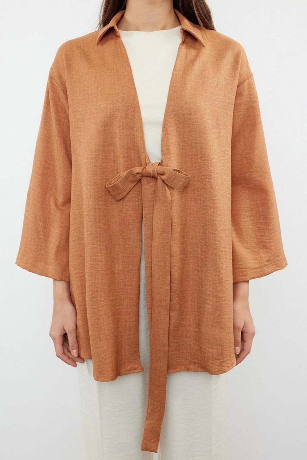 Moda Dokuma Rahat Kalıp Regular V Yaka Düşük Kol Keten Görünüm Kruvaze Tesettür Giyim Kimono Kaftan