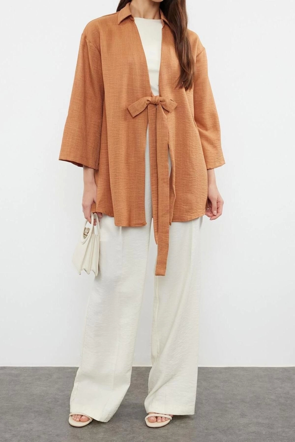 Moda Dokuma Rahat Kalıp Regular V Yaka Düşük Kol Keten Görünüm Kruvaze Tesettür Giyim Kimono Kaftan