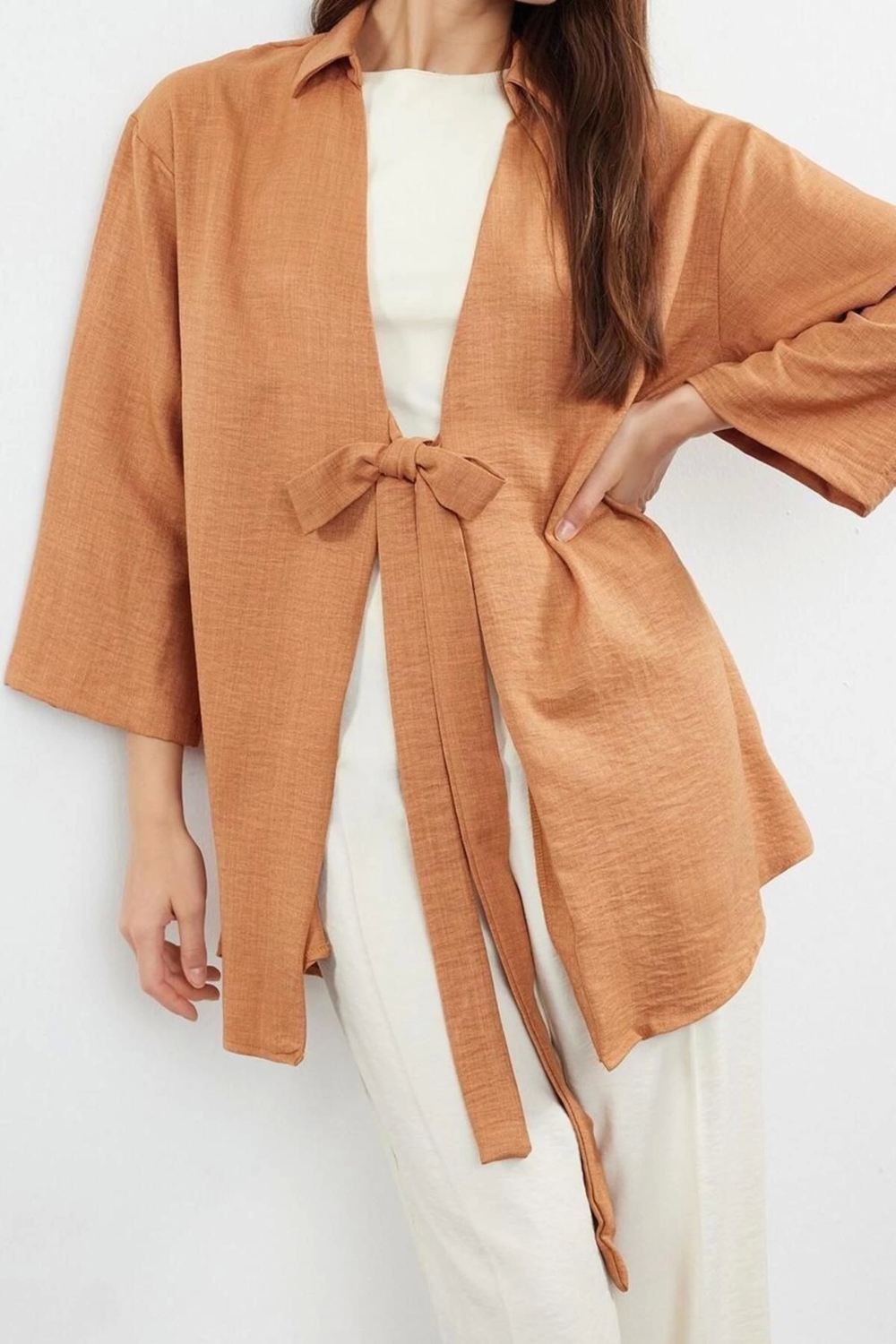 Moda Dokuma Rahat Kalıp Regular V Yaka Düşük Kol Keten Görünüm Kruvaze Tesettür Giyim Kimono Kaftan