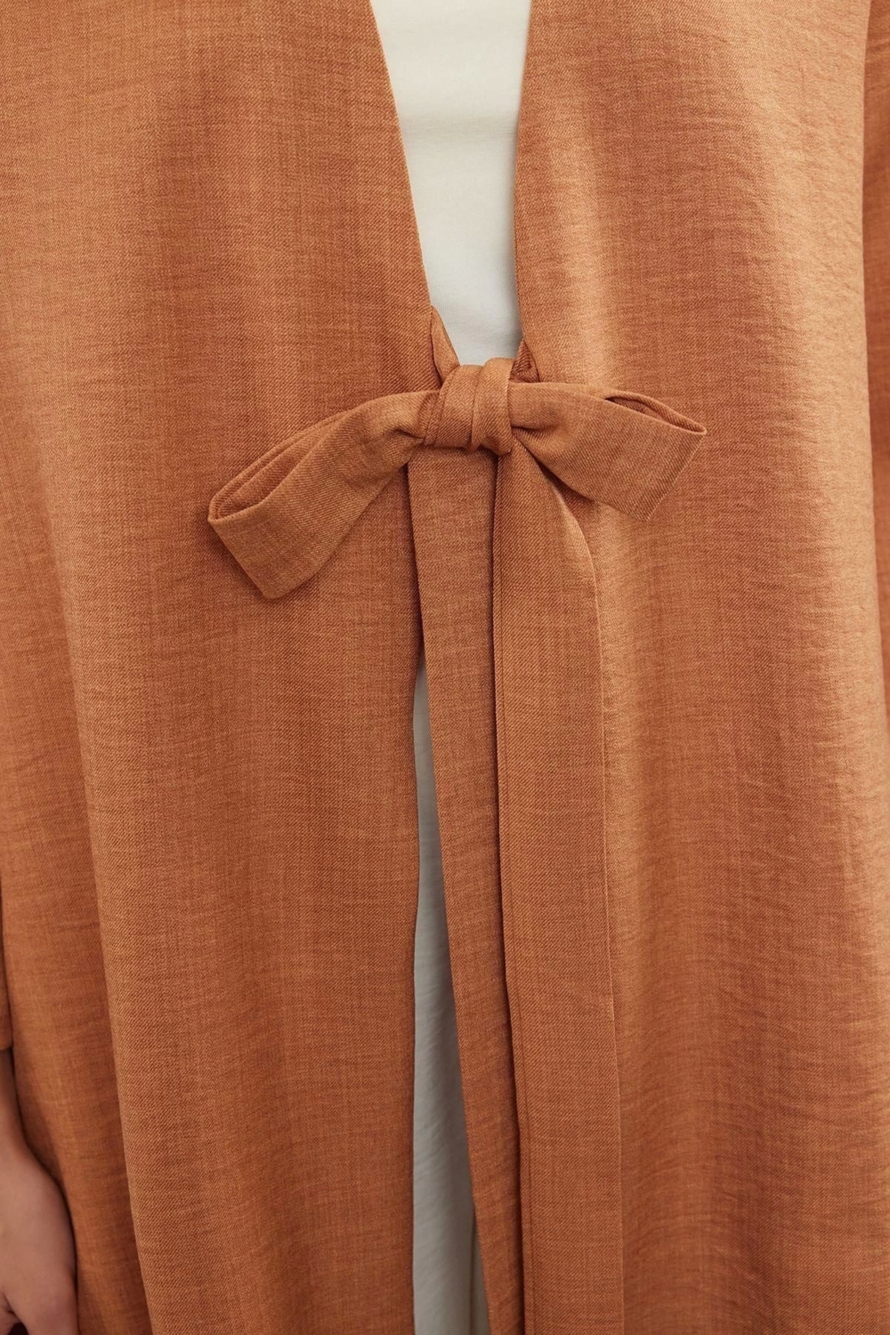 Moda Dokuma Rahat Kalıp Regular V Yaka Düşük Kol Keten Görünüm Kruvaze Tesettür Giyim Kimono Kaftan