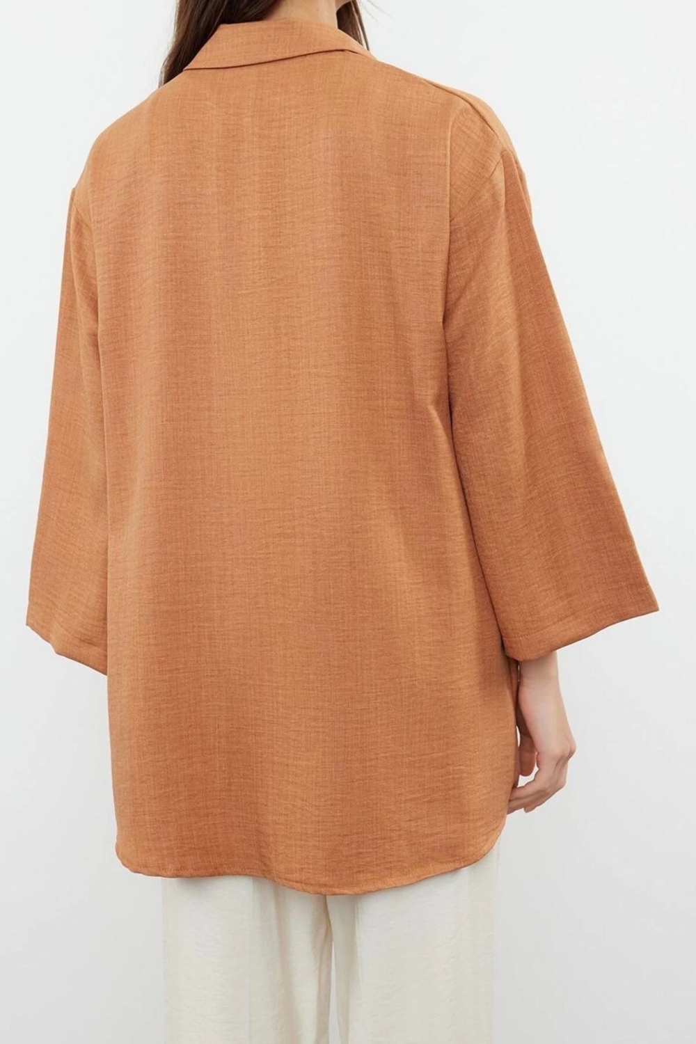 Moda Dokuma Rahat Kalıp Regular V Yaka Düşük Kol Keten Görünüm Kruvaze Tesettür Giyim Kimono Kaftan