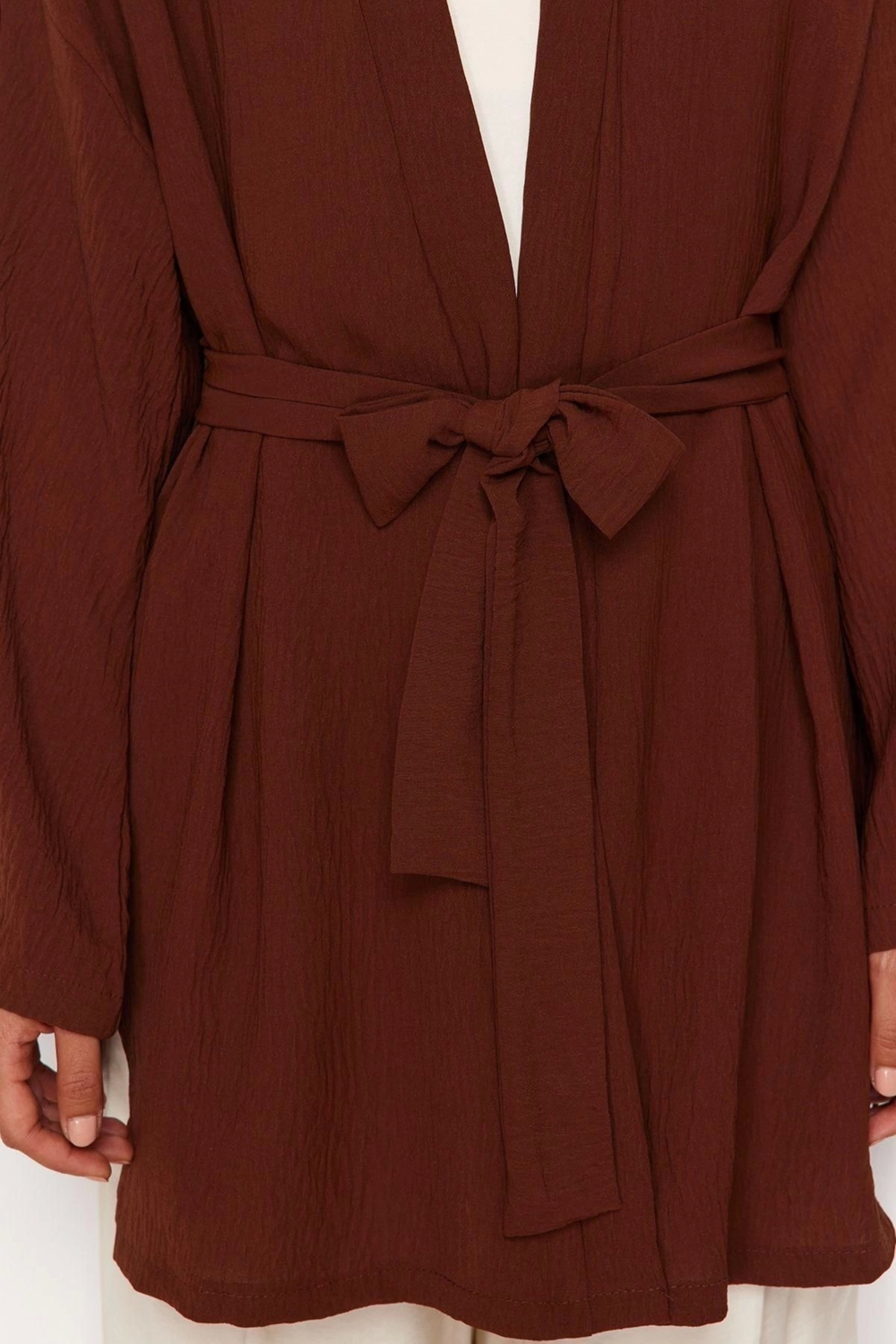 Moda Dokuma Rahat Kalıp Midi V Yaka Düşük Kol Keten görünümlü Kruvaze Tesettür Giyim Kimono Kaftan