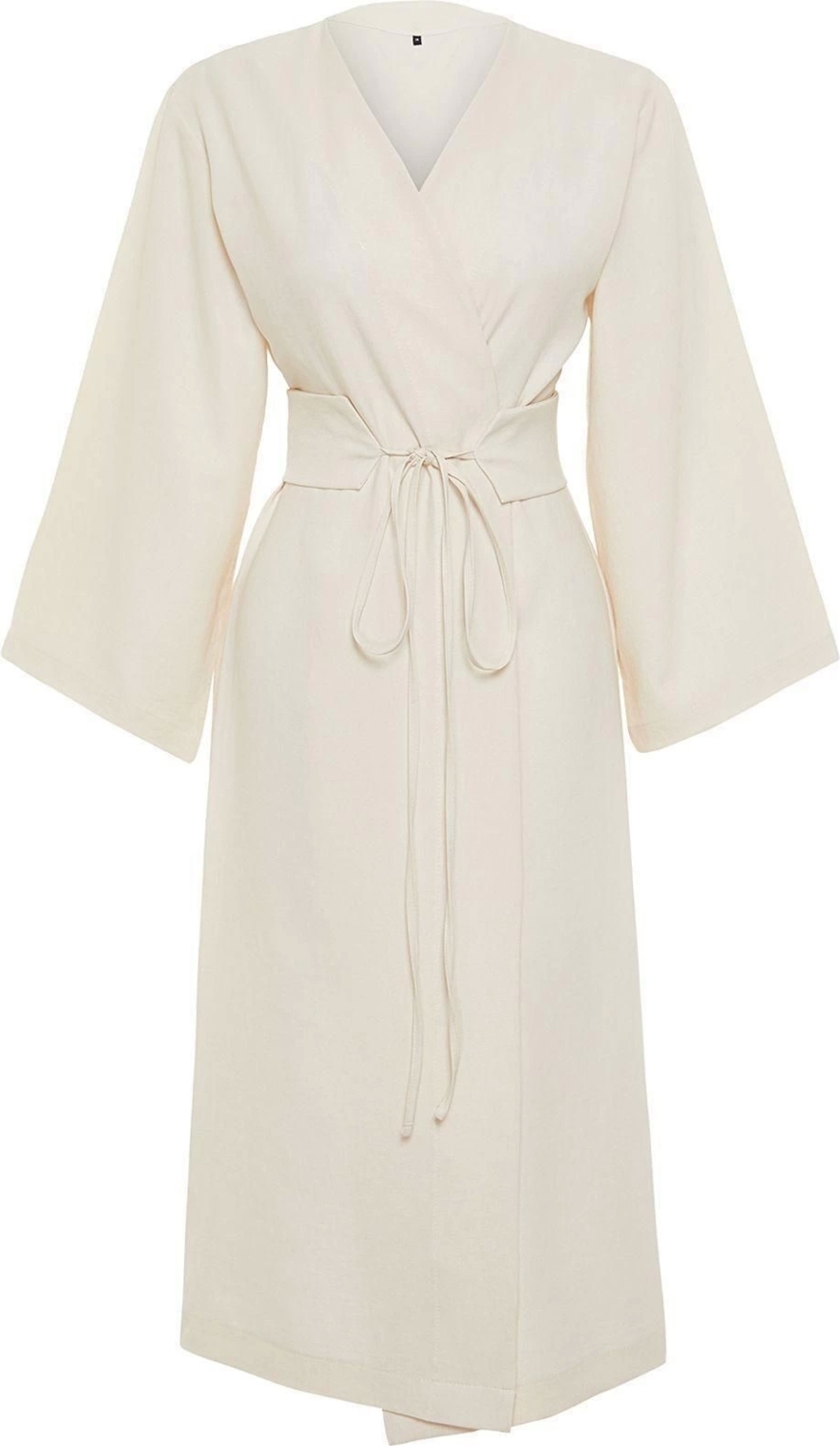 Moda Dokuma Rahat Kalıp Regular V Yaka Düşük Kol Keten Görünüm Kruvaze Tesettür Giyim Kimono Kaftan