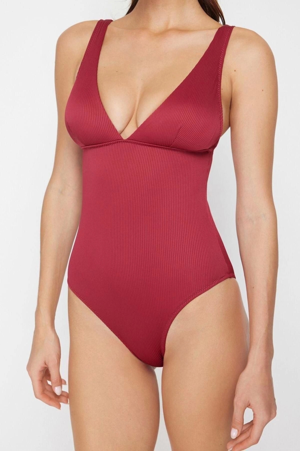 Kadın Moda Atma Kap Askılı Brief Yaka Bordo Dokulu Regular Mayo