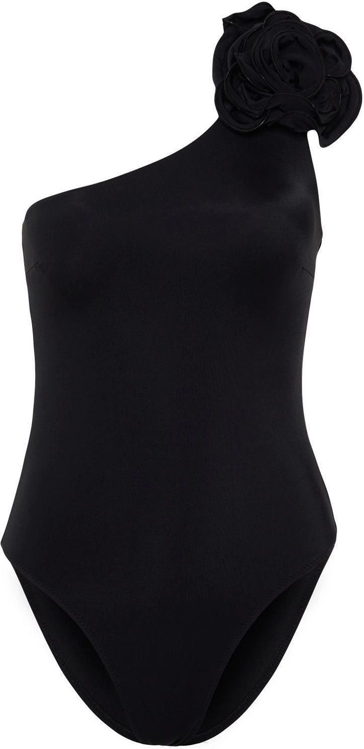 Kadın Moda Atma Kap Askılı Slip Yaka Zümrüt Yeşili Tek Omuz Çiçek Aplikeli Regular Mayo