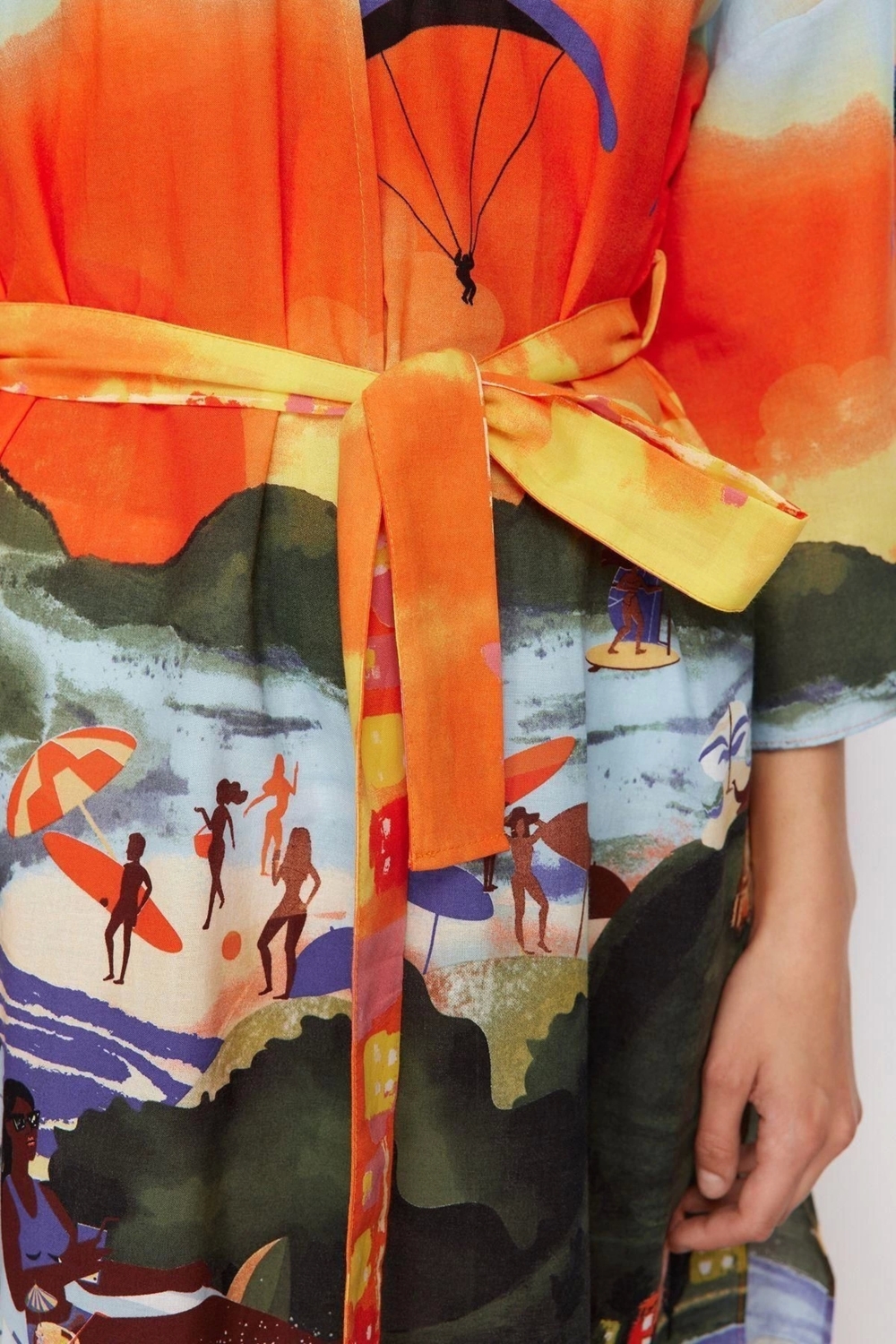Moda Dokuma Oversize Kalıp Uzun Kruvaze Ay Kol Vual Basic Manzara Desen Kimono Kaftan