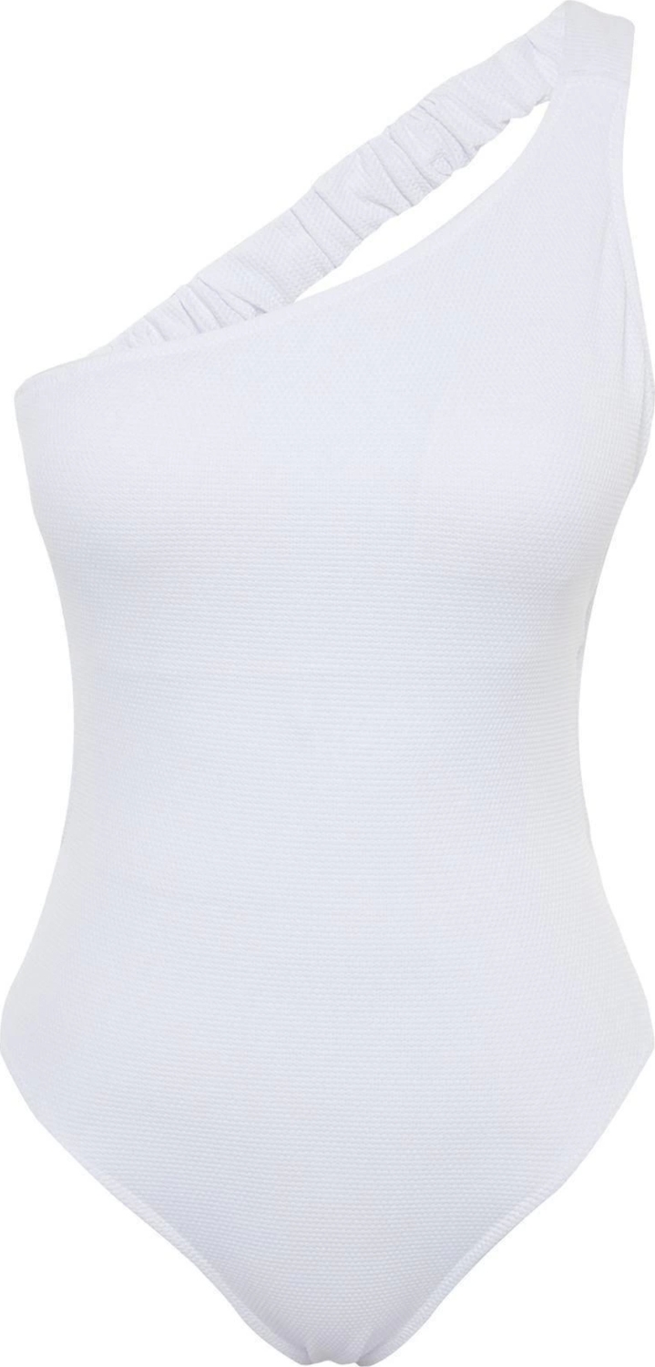 Kadın Moda Atma Kap Askılı Brief Yaka Beyaz Tek Omuz Büzgülü Dokulu High Leg Regular Mayo